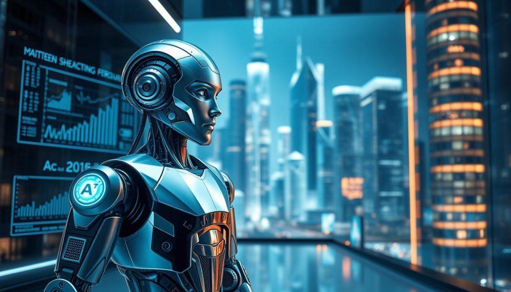 A futuristic AI agent represents full automation, depicted in a sleek, modern environment. In the foreground, a humanoid robot with a polished metallic surface, displaying intricate circuits and glowing LED accents, stands confidently, symbolizing advanced technology. In the middle ground, a digital workspace features transparent screens displaying graphs, data analytics, and complex algorithms. The background showcases a high-tech cityscape with towering skyscrapers reflecting neon lights. Soft, ambient lighting illuminates the scene, creating a dynamic atmosphere that suggests efficiency and innovation. A wide-angle perspective captures the scale of the environment while focusing on the AI agent, emphasizing its role in a fully automated future. The mood should be optimistic and forward-thinking, inviting the viewer to consider the possibilities of autonomous technology. A futuristic AI agent represents full automation, depicted in a sleek, modern environment. In the foreground, a humanoid robot with a polished metallic surface, displaying intricate circuits and glowing LED accents, stands confidently, symbolizing advanced technology. In the middle ground, a digital workspace features transparent screens displaying graphs, data analytics, and complex algorithms. The background showcases a high-tech cityscape with towering skyscrapers reflecting neon lights. Soft, ambient lighting illuminates the scene, creating a dynamic atmosphere that suggests efficiency and innovation. A wide-angle perspective captures the scale of the environment while focusing on the AI agent, emphasizing its role in a fully automated future. The mood should be optimistic and forward-thinking, inviting the viewer to consider the possibilities of autonomous technology.