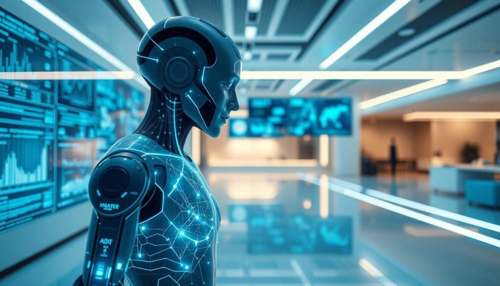 A futuristic AI agent standing in a sleek, high-tech environment, meticulously analyzing data and algorithms. In the foreground, the AI agent is represented as a humanoid figure with a transparent, holographic interface displaying complex patterns and codes, illuminated in cool blue and white tones. In the middle ground, various digital screens showcase real-time data and visualizations, hinting at its decision-making processes. The background features a modern workspace with ambient lighting and soft reflections on sleek surfaces, creating a serene yet dynamic atmosphere. The overall mood conveys intelligence and sophistication, evoking curiosity about the inner workings of AI technology. A futuristic AI agent standing in a sleek, high-tech environment, meticulously analyzing data and algorithms. In the foreground, the AI agent is represented as a humanoid figure with a transparent, holographic interface displaying complex patterns and codes, illuminated in cool blue and white tones. In the middle ground, various digital screens showcase real-time data and visualizations, hinting at its decision-making processes. The background features a modern workspace with ambient lighting and soft reflections on sleek surfaces, creating a serene yet dynamic atmosphere. The overall mood conveys intelligence and sophistication, evoking curiosity about the inner workings of AI technology.