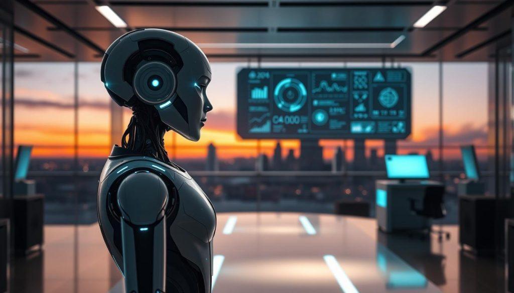 A futuristic and sophisticated AI agent in a sleek, high-tech office environment. In the foreground, the AI agent, resembling a humanoid robot, stands confidently, displaying advanced robotic features with glowing accents. The middle ground includes a digital interface showing visualizations of data analysis and decision-making algorithms, emanating a soft blue light. The background showcases a panoramic view of a city skyline under a twilight sky, with warm hues of orange and purple blending together. The mood is focused and contemplative, emphasizing the evolution from simple automation to complex autonomous decision-making. Lighting is dramatic, highlighting the agent's features while casting soft shadows around it, creating a sense of depth and intrigue. A futuristic and sophisticated AI agent in a sleek, high-tech office environment. In the foreground, the AI agent, resembling a humanoid robot, stands confidently, displaying advanced robotic features with glowing accents. The middle ground includes a digital interface showing visualizations of data analysis and decision-making algorithms, emanating a soft blue light. The background showcases a panoramic view of a city skyline under a twilight sky, with warm hues of orange and purple blending together. The mood is focused and contemplative, emphasizing the evolution from simple automation to complex autonomous decision-making. Lighting is dramatic, highlighting the agent's features while casting soft shadows around it, creating a sense of depth and intrigue.