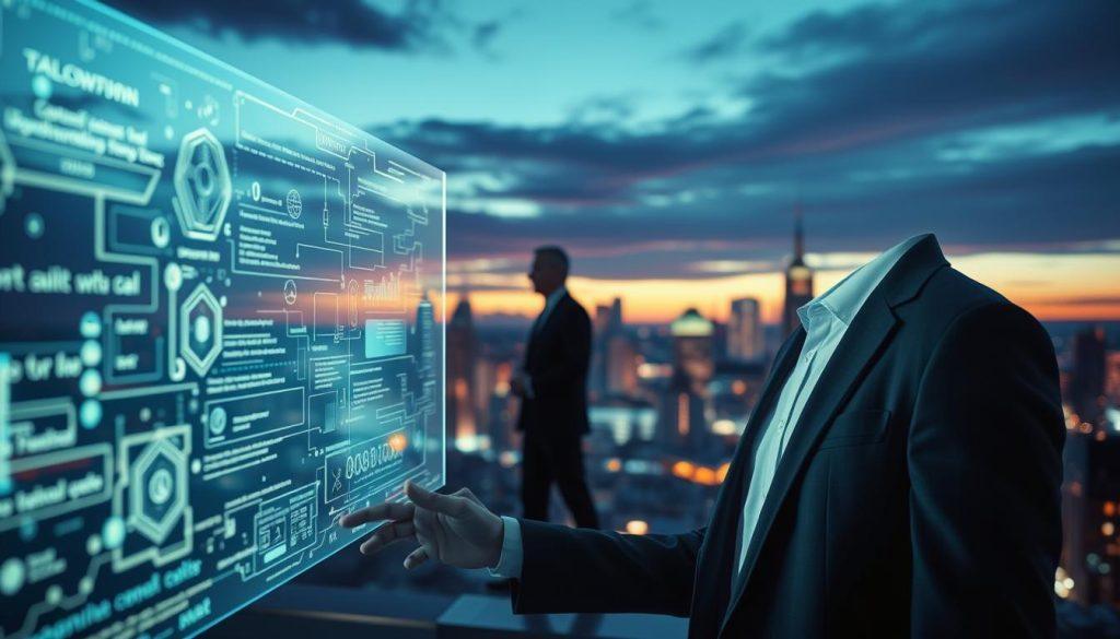 A futuristic digital landscape illustrating the concept of "Prompt Injection." In the foreground, a sleek, holographic interface displays complex algorithms and data streams, evoking a high-tech atmosphere. In the middle ground, a professional figure in business attire interacts with the interface, their expression focused and contemplative. The background features a stylized city skyline, illuminated at dusk with a deep blue and purple sky, representing the intersection of technology and compliance. Soft yet dramatic lighting casts shadows that hint at the potential dangers of data breaches, creating an atmosphere of urgency and caution. The composition captures the essence of safety and compliance in AI technology without any text or additional elements. A futuristic digital landscape illustrating the concept of "Prompt Injection." In the foreground, a sleek, holographic interface displays complex algorithms and data streams, evoking a high-tech atmosphere. In the middle ground, a professional figure in business attire interacts with the interface, their expression focused and contemplative. The background features a stylized city skyline, illuminated at dusk with a deep blue and purple sky, representing the intersection of technology and compliance. Soft yet dramatic lighting casts shadows that hint at the potential dangers of data breaches, creating an atmosphere of urgency and caution. The composition captures the essence of safety and compliance in AI technology without any text or additional elements.