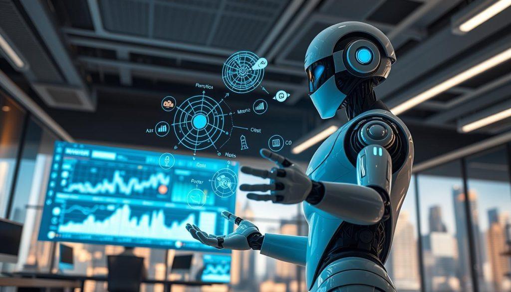 A futuristic interpretation of an AI Agent definition, showing a sleek, humanoid robot in the foreground, exuding a blend of intelligence and approachability. The robot is gesturing towards a holographic display showcasing intricate diagrams of neural networks and algorithms. In the middle ground, a bright, modern office environment filled with digital screens displaying data analytics and graphs reflects the integration of AI in the workplace. The background features a city skyline, illustrating the advancement of technology. Soft, ambient lighting casts an optimistic glow, evoking a sense of progress and innovation. The scene is shot from a low angle, highlighting the robot's stature and the dynamic activity of the environment, creating an atmosphere of collaboration between humans and AI. A futuristic interpretation of an AI Agent definition, showing a sleek, humanoid robot in the foreground, exuding a blend of intelligence and approachability. The robot is gesturing towards a holographic display showcasing intricate diagrams of neural networks and algorithms. In the middle ground, a bright, modern office environment filled with digital screens displaying data analytics and graphs reflects the integration of AI in the workplace. The background features a city skyline, illustrating the advancement of technology. Soft, ambient lighting casts an optimistic glow, evoking a sense of progress and innovation. The scene is shot from a low angle, highlighting the robot's stature and the dynamic activity of the environment, creating an atmosphere of collaboration between humans and AI.