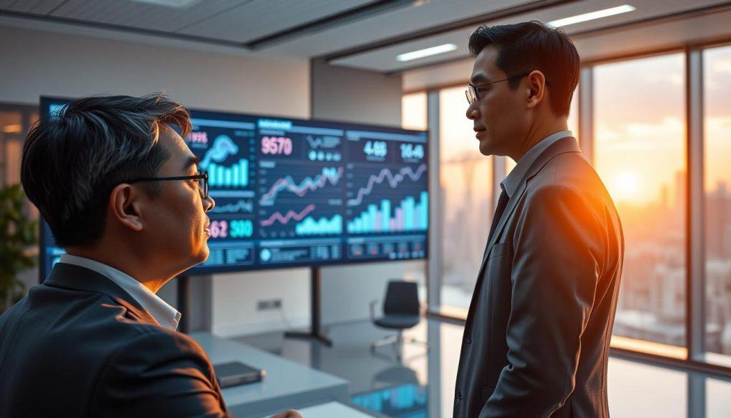 A futuristic office environment where a human supervisor is closely monitoring an advanced AI agent on a large screen. In the foreground, the supervisor, a middle-aged Asian man in professional business attire, examines data analytics displayed on the screen with focused interest. In the middle ground, the AI interface shows vibrant digital graphs and statistics glowing softly, indicating real-time processing. The background features sleek, contemporary office furniture and large windows showcasing a city skyline illuminated by a sunset, casting warm natural light across the room. The atmosphere conveys a blend of high-tech innovation and thoughtful consideration, emphasizing the collaborative relationship between humans and AI in a workspace. A futuristic office environment where a human supervisor is closely monitoring an advanced AI agent on a large screen. In the foreground, the supervisor, a middle-aged Asian man in professional business attire, examines data analytics displayed on the screen with focused interest. In the middle ground, the AI interface shows vibrant digital graphs and statistics glowing softly, indicating real-time processing. The background features sleek, contemporary office furniture and large windows showcasing a city skyline illuminated by a sunset, casting warm natural light across the room. The atmosphere conveys a blend of high-tech innovation and thoughtful consideration, emphasizing the collaborative relationship between humans and AI in a workspace.