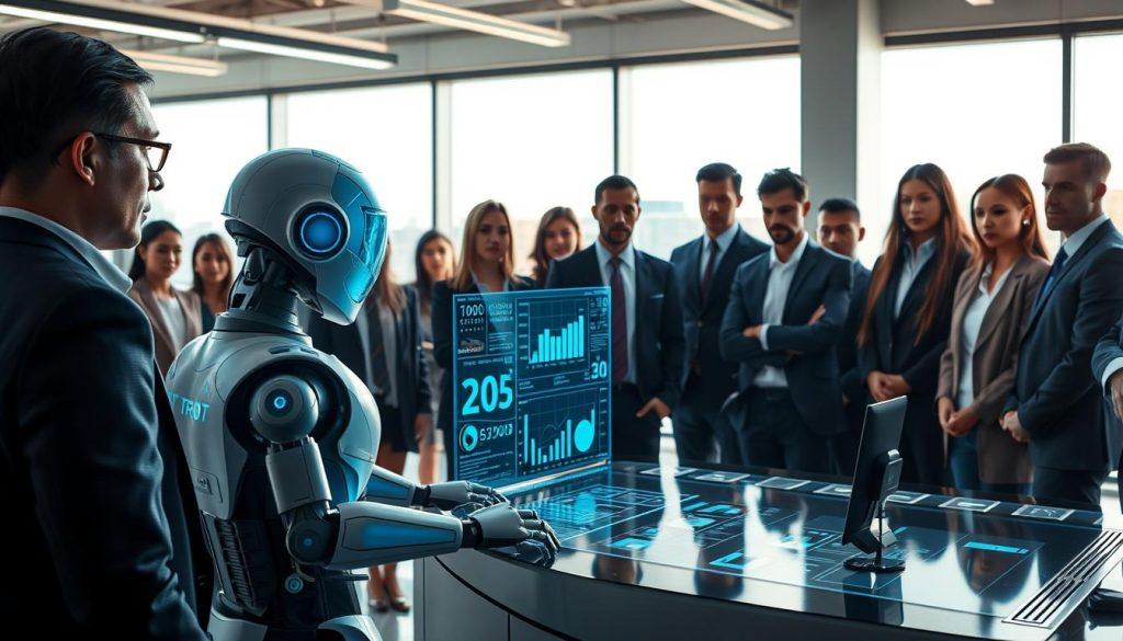 A futuristic office environment with an AI agent represented as a sleek, humanoid robot with a translucent interface displaying data and graphs. In the foreground, a diverse group of professionals in business attire, intently observing the AI's activities. The middle ground features the AI operating a console, with holographic screens projecting information about real-time decision-making processes. The background showcases a modern office with large windows, allowing natural sunlight to flood the space, creating an atmosphere of innovation and collaboration. The lighting is bright yet warm, enhancing the focus on human interaction and oversight of the AI. The scene embodies a blend of technology and human expertise, highlighting the need for human supervision in critical scenarios. A futuristic office environment with an AI agent represented as a sleek, humanoid robot with a translucent interface displaying data and graphs. In the foreground, a diverse group of professionals in business attire, intently observing the AI's activities. The middle ground features the AI operating a console, with holographic screens projecting information about real-time decision-making processes. The background showcases a modern office with large windows, allowing natural sunlight to flood the space, creating an atmosphere of innovation and collaboration. The lighting is bright yet warm, enhancing the focus on human interaction and oversight of the AI. The scene embodies a blend of technology and human expertise, highlighting the need for human supervision in critical scenarios.