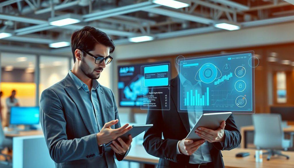 A futuristic office scene featuring a professional human supervisor interacting with an advanced AI agent. In the foreground, the human, dressed in business attire, is attentively analyzing data on a digital tablet. The AI agent, depicted as a sleek holographic interface with animated graphs and diagrams, hovers beside the supervisor, radiating a soft blue light. In the middle background, modern office furniture and a large screen displaying AI analytics create a technologically advanced environment. The lighting is bright yet warm, suggesting a productive atmosphere. The overall mood is focused and collaborative, emphasizing the essential role of human oversight in the advancement of AI technology, captured from a slightly elevated angle to showcase both the human and AI components effectively. A futuristic office scene featuring a professional human supervisor interacting with an advanced AI agent. In the foreground, the human, dressed in business attire, is attentively analyzing data on a digital tablet. The AI agent, depicted as a sleek holographic interface with animated graphs and diagrams, hovers beside the supervisor, radiating a soft blue light. In the middle background, modern office furniture and a large screen displaying AI analytics create a technologically advanced environment. The lighting is bright yet warm, suggesting a productive atmosphere. The overall mood is focused and collaborative, emphasizing the essential role of human oversight in the advancement of AI technology, captured from a slightly elevated angle to showcase both the human and AI components effectively.