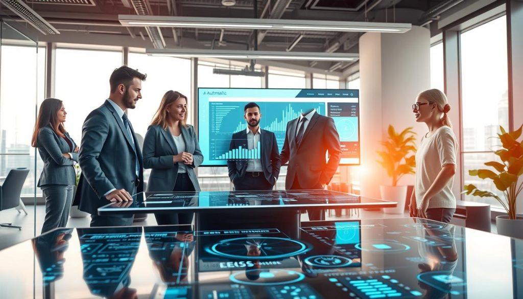 A futuristic office setting showcasing the concept of AI automation. In the foreground, a diverse team of professionals dressed in smart business attire collaborates around a sleek digital table displaying holographic data and graphs. The middle ground features a large screen showing real-time AI analytics and a robot assistant analyzing workflows. The background consists of a modern office with large windows letting in bright, natural light that creates a warm and productive atmosphere, emphasizing innovation and teamwork. The scene should have a dynamic angle, capturing the energy of the professionals engaged in discussions and the advanced technology at work. The mood is optimistic and inspiring, reflecting the transformative power of AI in enhancing operational efficiency. A futuristic office setting showcasing the concept of AI automation. In the foreground, a diverse team of professionals dressed in smart business attire collaborates around a sleek digital table displaying holographic data and graphs. The middle ground features a large screen showing real-time AI analytics and a robot assistant analyzing workflows. The background consists of a modern office with large windows letting in bright, natural light that creates a warm and productive atmosphere, emphasizing innovation and teamwork. The scene should have a dynamic angle, capturing the energy of the professionals engaged in discussions and the advanced technology at work. The mood is optimistic and inspiring, reflecting the transformative power of AI in enhancing operational efficiency.