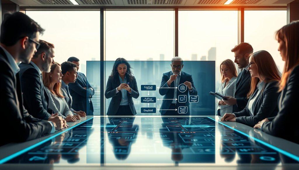 A futuristic office setting with a focus on a central table surrounded by diverse professionals in business attire, engaged in an intense discussion. In the foreground, a digital screen displays a complex flowchart illustrating misalignment of goals and instructions, with arrows and icons indicating confusion. In the middle ground, the professionals, a mix of ethnicities, express varying degrees of concern and clarity, with some pointing at the screen while others take notes. The background features large windows revealing a city skyline under soft, diffused daylight, creating a contemplative atmosphere. The lighting emphasizes the tension in the group while maintaining a professional tone, captured from a slightly elevated angle to convey the importance of collaboration in goal alignment. A futuristic office setting with a focus on a central table surrounded by diverse professionals in business attire, engaged in an intense discussion. In the foreground, a digital screen displays a complex flowchart illustrating misalignment of goals and instructions, with arrows and icons indicating confusion. In the middle ground, the professionals, a mix of ethnicities, express varying degrees of concern and clarity, with some pointing at the screen while others take notes. The background features large windows revealing a city skyline under soft, diffused daylight, creating a contemplative atmosphere. The lighting emphasizes the tension in the group while maintaining a professional tone, captured from a slightly elevated angle to convey the importance of collaboration in goal alignment.