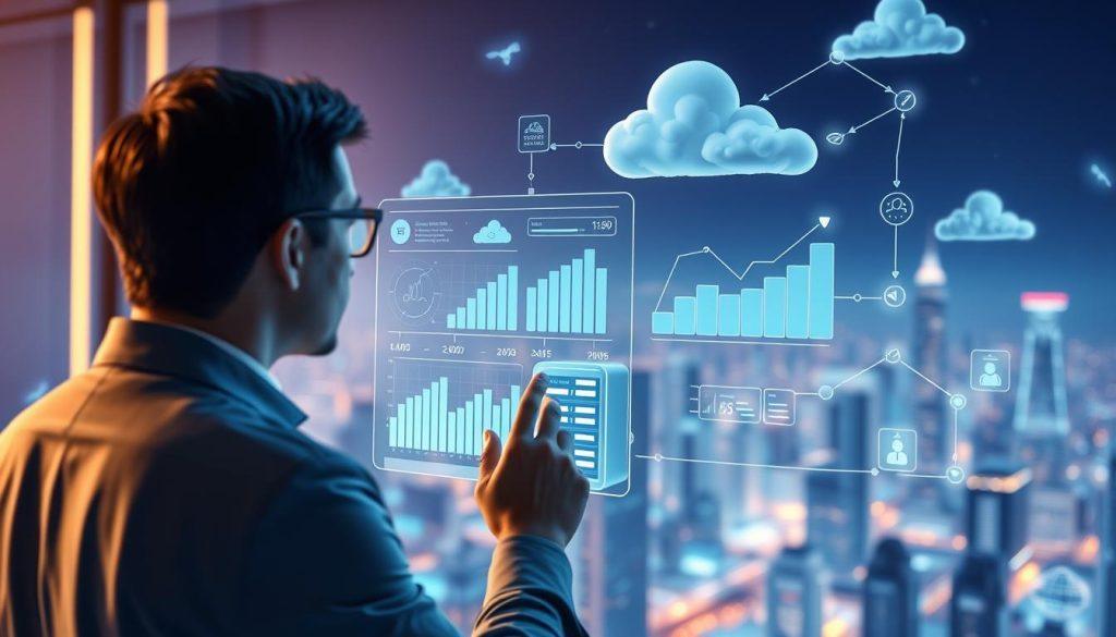 A futuristic, visually engaging illustration representing cloud computing costs. In the foreground, a professional individual in business attire is analyzing data on a transparent digital screen filled with graphs and metrics related to cloud services. The middle ground features stylized 3D models of server racks and data storage units, interconnected by glowing data streams, symbolizing the infrastructure. In the background, a cityscape blended with abstract cloud formations and digital elements suggests the scale and impact of cloud computing. Soft, ambient lighting creates a tech-savvy atmosphere, while the depth of field focuses on the professional in the foreground with a blurred city backdrop. The overall mood conveys innovation, analysis, and the complexity of modern technology. A futuristic, visually engaging illustration representing cloud computing costs. In the foreground, a professional individual in business attire is analyzing data on a transparent digital screen filled with graphs and metrics related to cloud services. The middle ground features stylized 3D models of server racks and data storage units, interconnected by glowing data streams, symbolizing the infrastructure. In the background, a cityscape blended with abstract cloud formations and digital elements suggests the scale and impact of cloud computing. Soft, ambient lighting creates a tech-savvy atmosphere, while the depth of field focuses on the professional in the foreground with a blurred city backdrop. The overall mood conveys innovation, analysis, and the complexity of modern technology.