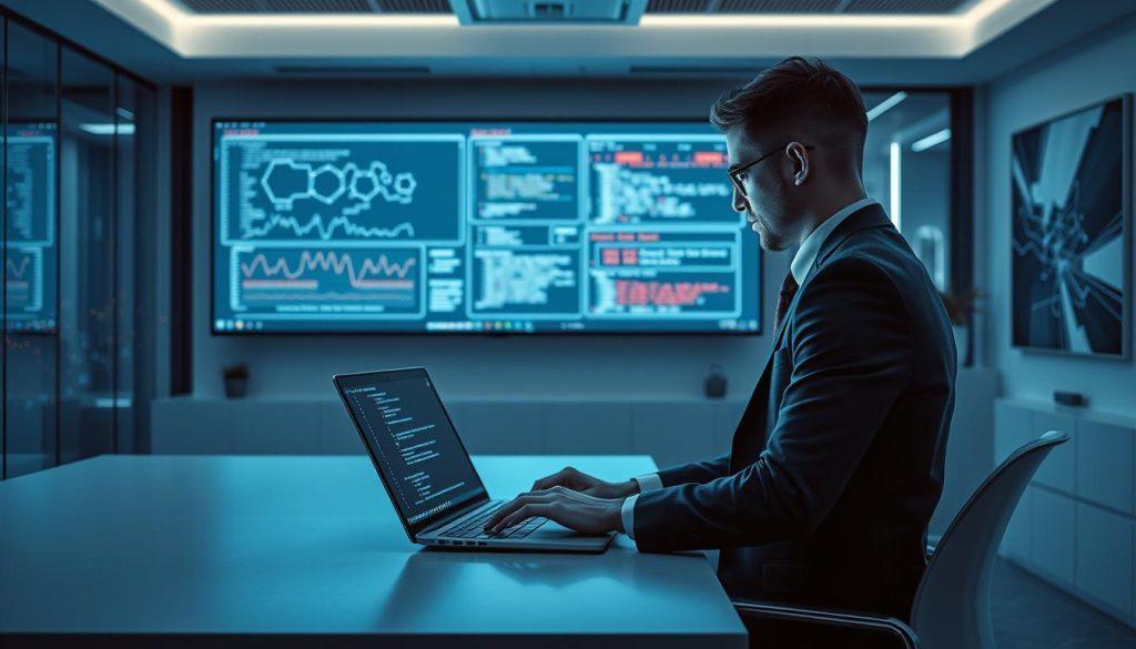 A high-tech scene depicting an API tool invocation error in a modern workspace environment. In the foreground, a professional individual in smart business attire is seated at a sleek, minimalistic desk, intently staring at a glowing laptop screen displaying code and error messages. The middle ground features a wall-mounted monitor showcasing complex graphs and API interaction logs, with subtle red warning signals indicating failures. The background shows a futuristic office with soft, ambient lighting, large windows revealing a city skyline, and abstract tech-themed artwork. The atmosphere conveys a blend of tension and urgency, emphasizing the importance of precise configurations in technology, with a cool color palette of blues and greys enhancing the mood. A high-tech scene depicting an API tool invocation error in a modern workspace environment. In the foreground, a professional individual in smart business attire is seated at a sleek, minimalistic desk, intently staring at a glowing laptop screen displaying code and error messages. The middle ground features a wall-mounted monitor showcasing complex graphs and API interaction logs, with subtle red warning signals indicating failures. The background shows a futuristic office with soft, ambient lighting, large windows revealing a city skyline, and abstract tech-themed artwork. The atmosphere conveys a blend of tension and urgency, emphasizing the importance of precise configurations in technology, with a cool color palette of blues and greys enhancing the mood.