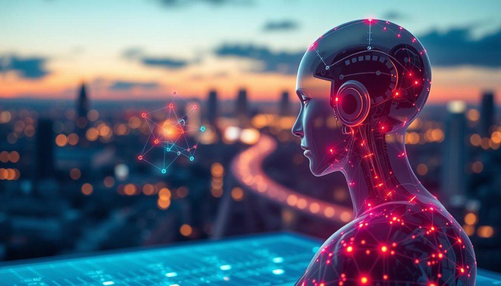 A highly detailed illustration representing the concept of "decision boundaries" in AI. In the foreground, visualize a futuristic AI agent depicted as a transparent holographic figure analyzing multiple data points in vibrant colors, symbolizing various decision options. In the middle ground, include a digital landscape with a grid-like pattern and complex algorithms intertwining, showcasing the decision-making process. In the background, a blurred cityscape with soft glowing lights under a twilight sky enhances a high-tech atmosphere. Soft, ethereal lighting illuminates the scene to create an atmosphere of introspection and innovation. The image should capture the tension between human oversight and AI autonomy, evoking a thoughtful and contemplative mood. Ensure no text or watermarks are present, with all elements designed to convey professionalism and clarity. A highly detailed illustration representing the concept of "decision boundaries" in AI. In the foreground, visualize a futuristic AI agent depicted as a transparent holographic figure analyzing multiple data points in vibrant colors, symbolizing various decision options. In the middle ground, include a digital landscape with a grid-like pattern and complex algorithms intertwining, showcasing the decision-making process. In the background, a blurred cityscape with soft glowing lights under a twilight sky enhances a high-tech atmosphere. Soft, ethereal lighting illuminates the scene to create an atmosphere of introspection and innovation. The image should capture the tension between human oversight and AI autonomy, evoking a thoughtful and contemplative mood. Ensure no text or watermarks are present, with all elements designed to convey professionalism and clarity.