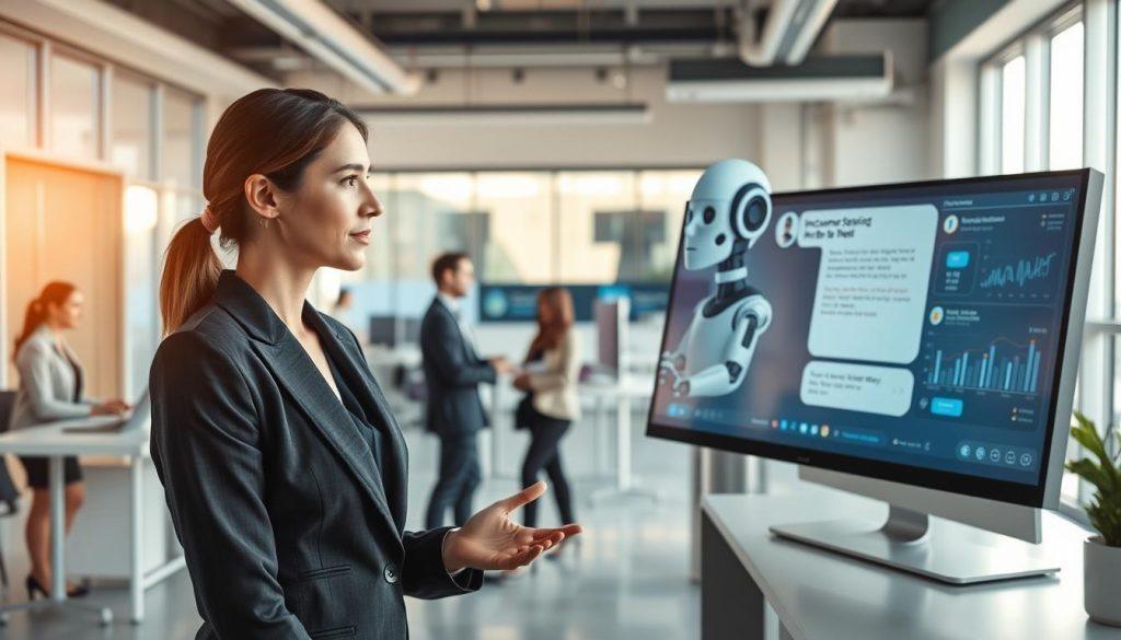 A modern customer service scene set in a sleek, innovative office environment. In the foreground, a professional-looking businesswoman in smart attire interacts with an intelligent chatbot displayed on a large, high-tech screen. The woman has a focused expression, suggesting she is assisting a customer. In the middle ground, there are other team members engaged in discussions, and several monitors showcase data analytics related to customer support. The background features a bright, open space with large windows letting in natural light, enhancing a cheerful and efficient atmosphere. The lighting is soft yet bright, creating a positive and friendly environment. The composition is captured from a slightly elevated angle, emphasizing teamwork and technological advancement in AI-driven customer support. A modern customer service scene set in a sleek, innovative office environment. In the foreground, a professional-looking businesswoman in smart attire interacts with an intelligent chatbot displayed on a large, high-tech screen. The woman has a focused expression, suggesting she is assisting a customer. In the middle ground, there are other team members engaged in discussions, and several monitors showcase data analytics related to customer support. The background features a bright, open space with large windows letting in natural light, enhancing a cheerful and efficient atmosphere. The lighting is soft yet bright, creating a positive and friendly environment. The composition is captured from a slightly elevated angle, emphasizing teamwork and technological advancement in AI-driven customer support.