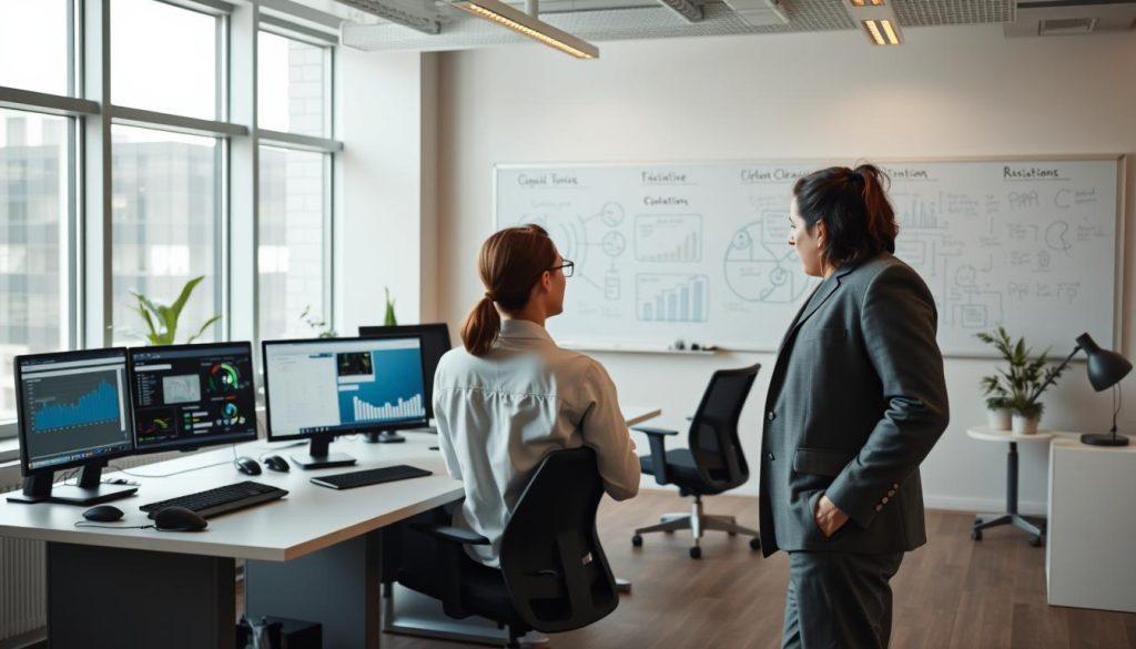A modern, inviting office space illustrating the process of data management and maintenance. In the foreground, a professional-looking individual in business attire is engaged in a discussion with a colleague, surrounded by digital devices displaying data analytics. In the middle, sleek workstations with monitors show graphs and charts related to data collection, cleaning, and annotation. The background features a whiteboard filled with notes and diagrams-related concepts of data operations. Soft, natural lighting filters through large windows, creating a warm and collaborative atmosphere. The composition should convey a sense of focus and innovation, embodying the essential elements of data cost management in AI. A modern, inviting office space illustrating the process of data management and maintenance. In the foreground, a professional-looking individual in business attire is engaged in a discussion with a colleague, surrounded by digital devices displaying data analytics. In the middle, sleek workstations with monitors show graphs and charts related to data collection, cleaning, and annotation. The background features a whiteboard filled with notes and diagrams-related concepts of data operations. Soft, natural lighting filters through large windows, creating a warm and collaborative atmosphere. The composition should convey a sense of focus and innovation, embodying the essential elements of data cost management in AI.