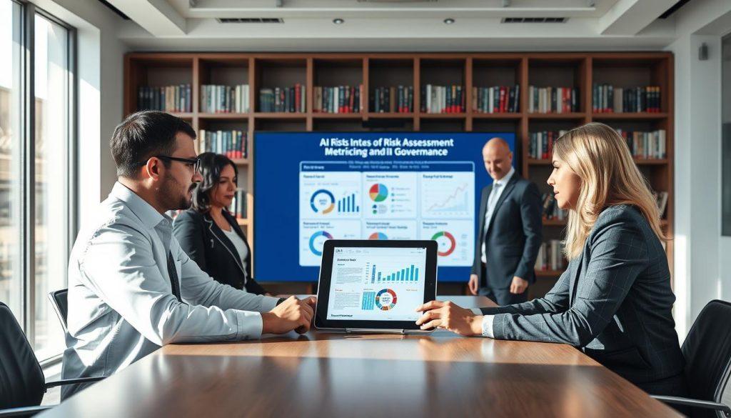 A modern office environment featuring a diverse group of four professionals, all in business attire, gathered around a large conference table. In the foreground, two individuals are discussing a digital tablet displaying AI risk management algorithms, while the other two listen intently. The middle ground showcases a large screen with visual charts and graphs illustrating AI risk assessment metrics and responsibilities. The background features shelves lined with books on AI ethics and risk governance. Bright, natural lighting from large windows creates a focused, collaborative atmosphere, while soft shadows add depth. The overall mood is serious yet optimistic, emphasizing teamwork and accountability in navigating AI decision-making challenges. A modern office environment featuring a diverse group of four professionals, all in business attire, gathered around a large conference table. In the foreground, two individuals are discussing a digital tablet displaying AI risk management algorithms, while the other two listen intently. The middle ground showcases a large screen with visual charts and graphs illustrating AI risk assessment metrics and responsibilities. The background features shelves lined with books on AI ethics and risk governance. Bright, natural lighting from large windows creates a focused, collaborative atmosphere, while soft shadows add depth. The overall mood is serious yet optimistic, emphasizing teamwork and accountability in navigating AI decision-making challenges.