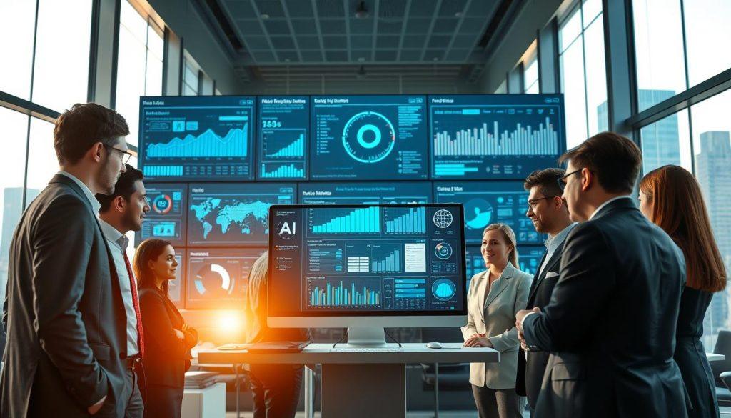 A modern office environment filled with advanced technology, focused on the concept of AI agents being integrated into business processes. In the foreground, a diverse group of professionals in business attire, engaged in a discussion around a sleek, futuristic computer interface displaying AI analytics. The middle ground features various digital screens showing graphs, charts, and AI-driven data visualizations. In the background, large windows reveal a city skyline, with bright, natural lighting streaming in, giving a sense of hope and innovation. The mood is collaborative and forward-thinking, capturing the excitement and challenges of implementing AI agents in businesses. Use a wide-angle lens to emphasize the dynamic workspace. A modern office environment filled with advanced technology, focused on the concept of AI agents being integrated into business processes. In the foreground, a diverse group of professionals in business attire, engaged in a discussion around a sleek, futuristic computer interface displaying AI analytics. The middle ground features various digital screens showing graphs, charts, and AI-driven data visualizations. In the background, large windows reveal a city skyline, with bright, natural lighting streaming in, giving a sense of hope and innovation. The mood is collaborative and forward-thinking, capturing the excitement and challenges of implementing AI agents in businesses. Use a wide-angle lens to emphasize the dynamic workspace.