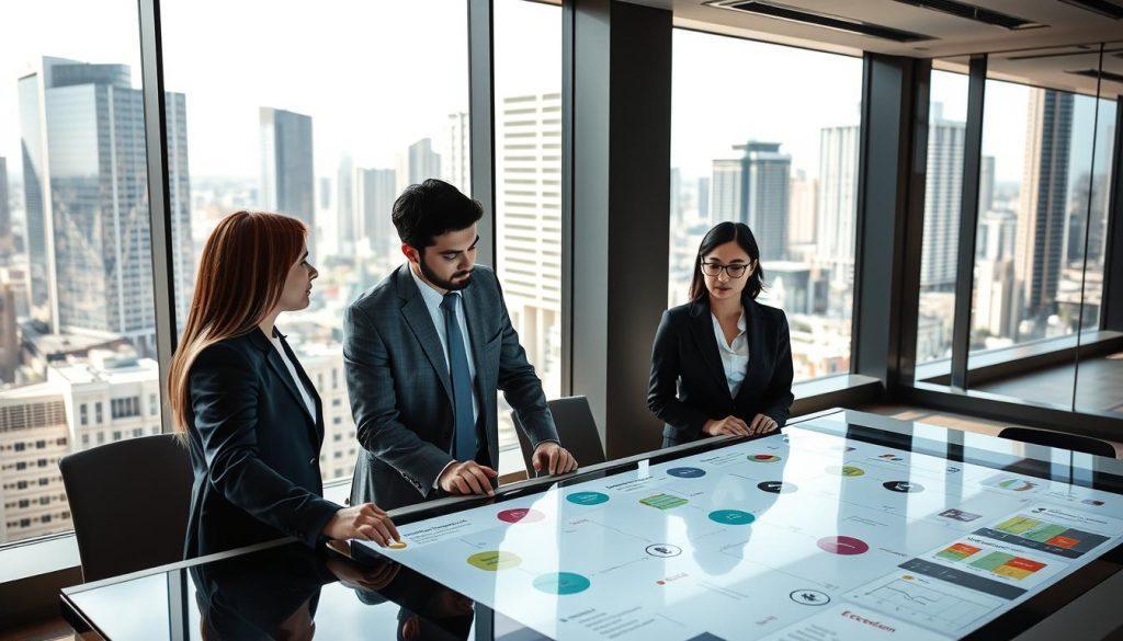A modern office environment showcasing a collaborative team meeting discussing "流程韌性" (process resilience). In the foreground, a diverse group of three professionals in business attire—two men and one woman—intently examining a dynamic digital dashboard displaying performance metrics and workflow graphs. In the middle ground, a large touchscreen table is highlighting flowcharts with varying colors representing flexibility and exception handling. In the background, panoramic windows reveal a bustling cityscape, symbolizing constant change and movement. The scene is illuminated by natural light streaming in, creating a vibrant yet focused atmosphere. Capture this from a slightly elevated angle to emphasize engagement and teamwork, evoking a sense of innovation and adaptability in the workplace. A modern office environment showcasing a collaborative team meeting discussing "流程韌性" (process resilience). In the foreground, a diverse group of three professionals in business attire—two men and one woman—intently examining a dynamic digital dashboard displaying performance metrics and workflow graphs. In the middle ground, a large touchscreen table is highlighting flowcharts with varying colors representing flexibility and exception handling. In the background, panoramic windows reveal a bustling cityscape, symbolizing constant change and movement. The scene is illuminated by natural light streaming in, creating a vibrant yet focused atmosphere. Capture this from a slightly elevated angle to emphasize engagement and teamwork, evoking a sense of innovation and adaptability in the workplace.