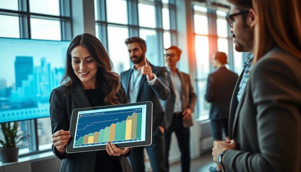 A modern office environment showcasing a group of diverse business professionals engaged in a collaborative meeting. In the foreground, a woman in business attire analyzes data on a tablet, displaying a graph indicating increasing sales metrics. In the middle ground, a man gestures towards a digital dashboard projected on a screen, illustrating an automated sales pipeline. Background details include large windows displaying a city skyline, filled with natural light that creates a bright and optimistic atmosphere. The overall mood is dynamic and innovative, emphasizing the transformative power of AI in enhancing sales efficiency. The image captures the essence of technology and teamwork in a corporate setting, with a focus on professionalism and collaboration. A modern office environment showcasing a group of diverse business professionals engaged in a collaborative meeting. In the foreground, a woman in business attire analyzes data on a tablet, displaying a graph indicating increasing sales metrics. In the middle ground, a man gestures towards a digital dashboard projected on a screen, illustrating an automated sales pipeline. Background details include large windows displaying a city skyline, filled with natural light that creates a bright and optimistic atmosphere. The overall mood is dynamic and innovative, emphasizing the transformative power of AI in enhancing sales efficiency. The image captures the essence of technology and teamwork in a corporate setting, with a focus on professionalism and collaboration.