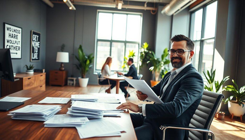 A modern office environment with a focus on business recruitment. In the foreground, a confident entrepreneur, dressed in professional attire, sits at a sleek wooden desk filled with applications and resumes, actively reviewing them. In the middle ground, a large window lets in natural light, illuminating a small conference table where two potential candidates, also in professional attire, engage in conversation. The background features a lively workspace with motivational posters on the walls and greenery from potted plants. The atmosphere is inviting yet serious, emphasizing the importance of preparing to hire employees. The lighting is bright and warm, creating a welcoming, productive environment. The lens captures a slightly tilted angle to enhance the dynamic feel of a growing business. A modern office environment with a focus on business recruitment. In the foreground, a confident entrepreneur, dressed in professional attire, sits at a sleek wooden desk filled with applications and resumes, actively reviewing them. In the middle ground, a large window lets in natural light, illuminating a small conference table where two potential candidates, also in professional attire, engage in conversation. The background features a lively workspace with motivational posters on the walls and greenery from potted plants. The atmosphere is inviting yet serious, emphasizing the importance of preparing to hire employees. The lighting is bright and warm, creating a welcoming, productive environment. The lens captures a slightly tilted angle to enhance the dynamic feel of a growing business.