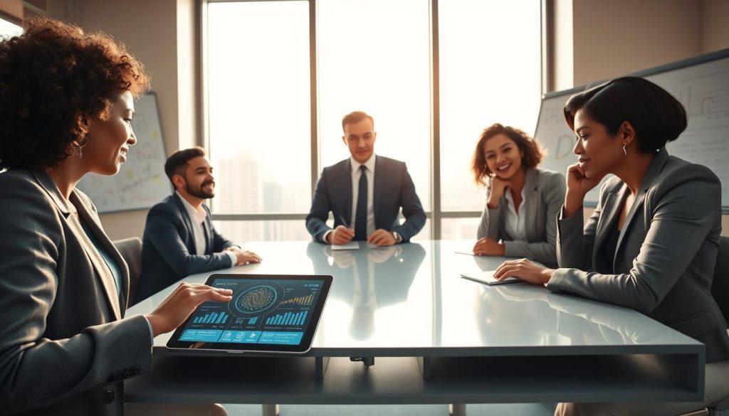 A modern office scene illustrating the implementation of an AI agent, featuring a diverse group of three professionals in business attire, collaborating around a sleek conference table. The foreground includes a digital tablet displaying AI tools and data analytics, while one person gestures toward the screen, emphasizing the discussion. In the middle, a large window reveals a bright cityscape, creating a vibrant atmosphere with natural light streaming in. The background features a whiteboard filled with charts and notes, highlighting the planning process. The overall mood is focused and innovative, capturing the essence of small companies exploring advanced technology solutions. Use a wide-angle lens effect for a dynamic perspective, with soft, warm lighting for an inviting feel. A modern office scene illustrating the implementation of an AI agent, featuring a diverse group of three professionals in business attire, collaborating around a sleek conference table. The foreground includes a digital tablet displaying AI tools and data analytics, while one person gestures toward the screen, emphasizing the discussion. In the middle, a large window reveals a bright cityscape, creating a vibrant atmosphere with natural light streaming in. The background features a whiteboard filled with charts and notes, highlighting the planning process. The overall mood is focused and innovative, capturing the essence of small companies exploring advanced technology solutions. Use a wide-angle lens effect for a dynamic perspective, with soft, warm lighting for an inviting feel.