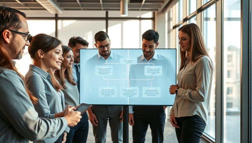 A modern office setting showcasing a collaborative workspace focused on automation assessment. In the foreground, a diverse group of professionals, dressed in business attire, are gathered around a digital tablet, analyzing data and discussing strategies. The middle ground features a large screen displaying a flowchart of AI agent functionalities contrasted with traditional RPA systems. In the background, floor-to-ceiling windows let in natural light, casting soft shadows, creating a bright and vibrant atmosphere. The overall mood is one of innovation and teamwork, highlighting the dynamic differences between AI agents and automation tools. The composition is captured from a slight high angle to emphasize collaboration and engagement, with a warm color palette to invoke positivity and forward-thinking. A modern office setting showcasing a collaborative workspace focused on automation assessment. In the foreground, a diverse group of professionals, dressed in business attire, are gathered around a digital tablet, analyzing data and discussing strategies. The middle ground features a large screen displaying a flowchart of AI agent functionalities contrasted with traditional RPA systems. In the background, floor-to-ceiling windows let in natural light, casting soft shadows, creating a bright and vibrant atmosphere. The overall mood is one of innovation and teamwork, highlighting the dynamic differences between AI agents and automation tools. The composition is captured from a slight high angle to emphasize collaboration and engagement, with a warm color palette to invoke positivity and forward-thinking.