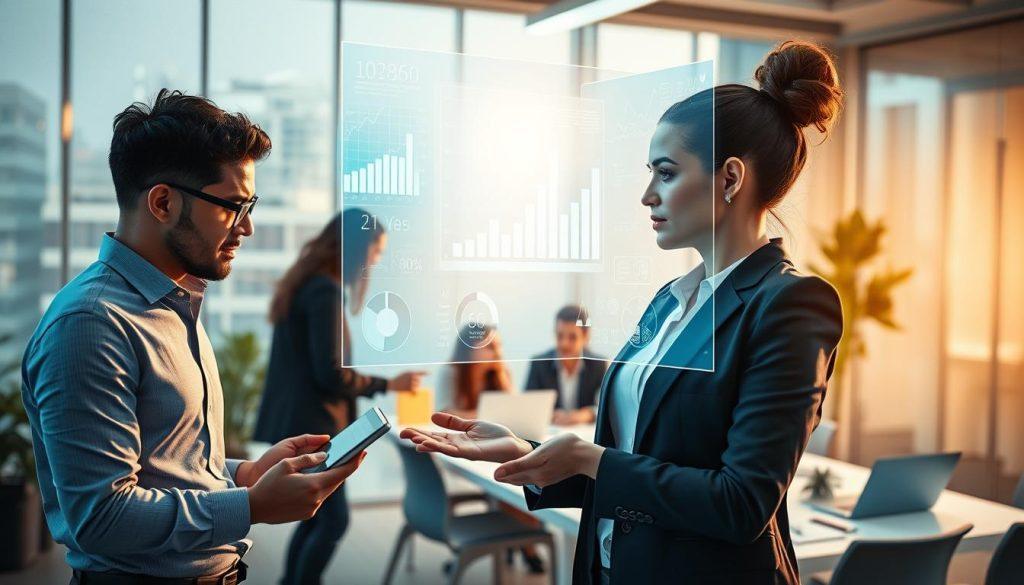 A modern office setting showcasing a diverse group of small business professionals engaging with AI technology. In the foreground, a woman in smart business attire interacts with a holographic AI interface, displaying analytical data and insights. To her left, a man analyzes digital reports on a tablet, while in the background, other team members brainstorm around a conference table, with laptops and charts spread out. The lighting is bright and inviting, representing innovation, while soft, warm tones create an atmosphere of collaboration and optimism. The camera angle is slightly elevated, providing a dynamic view of this busy, tech-focused workspace. A modern office setting showcasing a diverse group of small business professionals engaging with AI technology. In the foreground, a woman in smart business attire interacts with a holographic AI interface, displaying analytical data and insights. To her left, a man analyzes digital reports on a tablet, while in the background, other team members brainstorm around a conference table, with laptops and charts spread out. The lighting is bright and inviting, representing innovation, while soft, warm tones create an atmosphere of collaboration and optimism. The camera angle is slightly elevated, providing a dynamic view of this busy, tech-focused workspace.