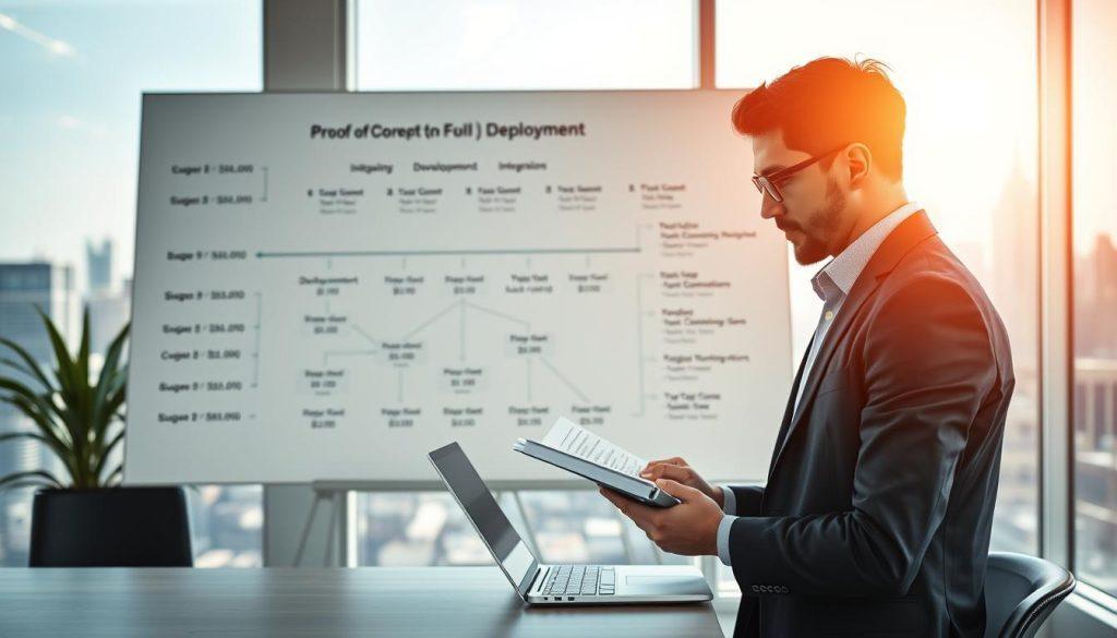 A modern office space depicting the journey of a Proof of Concept (PoC) to full deployment, emphasizing cost analysis and resource management. In the foreground, a focused business professional, dressed in smart attire, examines a detailed cost breakdown on a sleek laptop while taking notes on a notepad. In the middle ground, a large whiteboard displays a flowchart that outlines the development and integration stages of the project, with key milestones and budget figures highlighted. The background features a contemporary city skyline visible through large windows, with natural light streaming in, creating a vibrant and optimistic atmosphere. The image should convey a sense of professionalism and innovation, with a balanced color palette that emphasizes clarity and focus on the subject matter. A modern office space depicting the journey of a Proof of Concept (PoC) to full deployment, emphasizing cost analysis and resource management. In the foreground, a focused business professional, dressed in smart attire, examines a detailed cost breakdown on a sleek laptop while taking notes on a notepad. In the middle ground, a large whiteboard displays a flowchart that outlines the development and integration stages of the project, with key milestones and budget figures highlighted. The background features a contemporary city skyline visible through large windows, with natural light streaming in, creating a vibrant and optimistic atmosphere. The image should convey a sense of professionalism and innovation, with a balanced color palette that emphasizes clarity and focus on the subject matter.