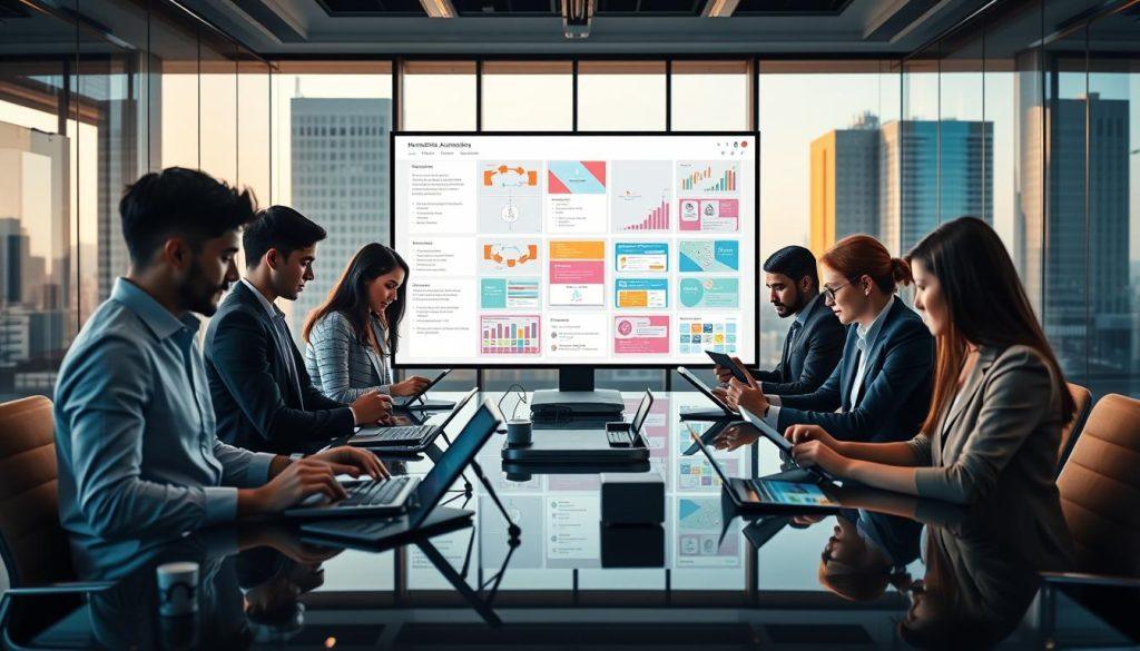 A modern office workspace depicting workflow automation, featuring a diverse team of professionals collaborating around a sleek, technology-driven conference table. In the foreground, a focus on engaged individuals in business attire analyzing data on digital tablets. The middle ground showcases a large monitor displaying workflow diagrams and automated processes, with vibrant colors to signify efficiency and progress. The background features glass walls with cityscape views, bathed in warm natural light, creating an inspiring and innovative atmosphere. The scene captures a balance between technology and teamwork, conveying a sense of forward-thinking and productivity in a small company setting. No text or annotations present. A modern office workspace depicting workflow automation, featuring a diverse team of professionals collaborating around a sleek, technology-driven conference table. In the foreground, a focus on engaged individuals in business attire analyzing data on digital tablets. The middle ground showcases a large monitor displaying workflow diagrams and automated processes, with vibrant colors to signify efficiency and progress. The background features glass walls with cityscape views, bathed in warm natural light, creating an inspiring and innovative atmosphere. The scene captures a balance between technology and teamwork, conveying a sense of forward-thinking and productivity in a small company setting. No text or annotations present.