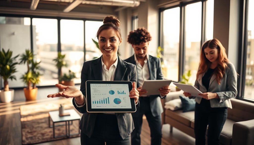 A modern, professional office environment featuring a diverse group of individuals engaged in a discussion about outsourcing, part-time, and full-time employment. In the foreground, a confident businesswoman in professional attire gestures towards a digital tablet displaying charts. The middle ground showcases two others, one typing on a laptop and the other reviewing documents, both dressed in smart casual clothing. In the background, large windows let in soft natural light, illuminating an open space with contemporary furniture and plants. The atmosphere is collaborative and focused, with warm tones and shadows that create a welcoming vibe. The camera angle captures a dynamic perspective, emphasizing teamwork and the decision-making process related to various employment types. A modern, professional office environment featuring a diverse group of individuals engaged in a discussion about outsourcing, part-time, and full-time employment. In the foreground, a confident businesswoman in professional attire gestures towards a digital tablet displaying charts. The middle ground showcases two others, one typing on a laptop and the other reviewing documents, both dressed in smart casual clothing. In the background, large windows let in soft natural light, illuminating an open space with contemporary furniture and plants. The atmosphere is collaborative and focused, with warm tones and shadows that create a welcoming vibe. The camera angle captures a dynamic perspective, emphasizing teamwork and the decision-making process related to various employment types.