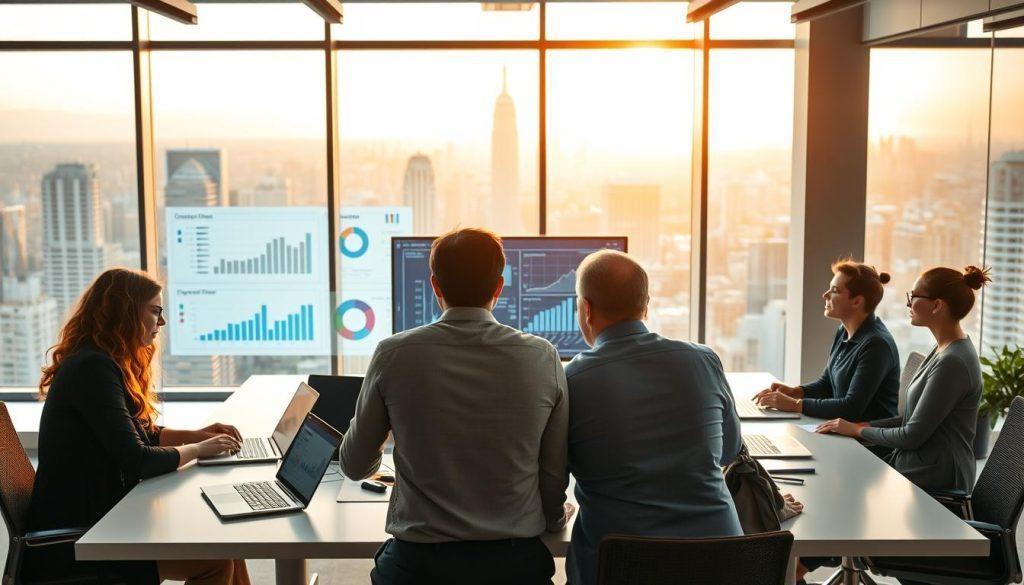 A modern startup office scene depicting the optimal moment for AI implementation. In the foreground, a diverse group of business professionals dressed in smart casual attire, engaged in an animated discussion around a sleek conference table with laptops and digital devices showcasing data insights. The middle ground features a large digital screen displaying graphs and AI concepts, symbolizing operational efficiency. In the background, large windows offer a panoramic view of a bustling cityscape bathed in warm sunlight, creating a hopeful and vibrant atmosphere. Soft lighting highlights the room, emphasizing teamwork and innovation. The angle is slightly tilted upward, suggesting aspiration and forward-thinking, while the overall mood conveys excitement and readiness for adopting AI technology. A modern startup office scene depicting the optimal moment for AI implementation. In the foreground, a diverse group of business professionals dressed in smart casual attire, engaged in an animated discussion around a sleek conference table with laptops and digital devices showcasing data insights. The middle ground features a large digital screen displaying graphs and AI concepts, symbolizing operational efficiency. In the background, large windows offer a panoramic view of a bustling cityscape bathed in warm sunlight, creating a hopeful and vibrant atmosphere. Soft lighting highlights the room, emphasizing teamwork and innovation. The angle is slightly tilted upward, suggesting aspiration and forward-thinking, while the overall mood conveys excitement and readiness for adopting AI technology.