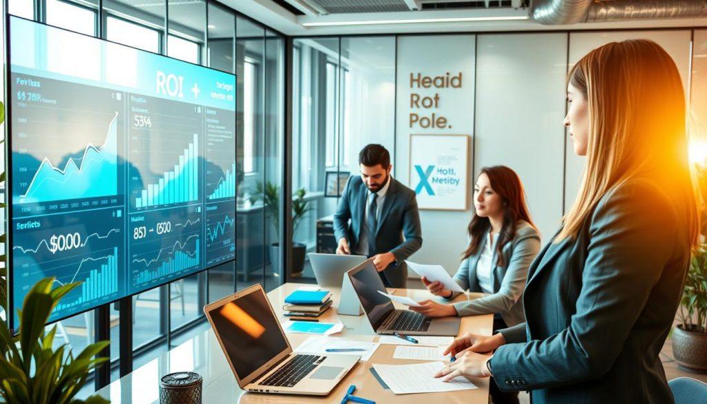 A professional and modern office setting showcasing a diverse group of individuals engaged in strategic discussions about ROI. In the foreground, a confident businesswoman in professional attire gestures towards a large digital display showcasing ROI graphs and metrics. The middle ground features two colleagues, one male and one female, analyzing data on laptops, surrounded by notes and charts. The background reveals a sleek office environment with glass walls, modern furniture, and inspiring motivational artwork. Bright, natural lighting filters through the large windows, casting a warm glow that enhances the collaborative atmosphere. The overall mood is focused, ambitious, and innovative, capturing the excitement of decision-making in the early stages of entrepreneurship. A professional and modern office setting showcasing a diverse group of individuals engaged in strategic discussions about ROI. In the foreground, a confident businesswoman in professional attire gestures towards a large digital display showcasing ROI graphs and metrics. The middle ground features two colleagues, one male and one female, analyzing data on laptops, surrounded by notes and charts. The background reveals a sleek office environment with glass walls, modern furniture, and inspiring motivational artwork. Bright, natural lighting filters through the large windows, casting a warm glow that enhances the collaborative atmosphere. The overall mood is focused, ambitious, and innovative, capturing the excitement of decision-making in the early stages of entrepreneurship.