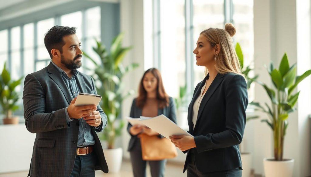 A professional business setting featuring a focused and engaged conversation between two individuals during a problem interview. In the foreground, a male interviewer in a smart casual outfit holds a notepad, listening intently to a female interviewee, who is dressed in professional business attire, expressing her thoughts. In the middle ground, a modern office space with a large window allowing natural light to pour in, and green plants in the background adding to a productive atmosphere. The image captures a candid, thoughtful moment, with soft, diffused lighting highlighting their expressions. The overall mood is one of collaboration and inquiry, showcasing the importance of validating pain points in entrepreneurial ventures. The angle should be slightly tilted to create a dynamic perspective. A professional business setting featuring a focused and engaged conversation between two individuals during a problem interview. In the foreground, a male interviewer in a smart casual outfit holds a notepad, listening intently to a female interviewee, who is dressed in professional business attire, expressing her thoughts. In the middle ground, a modern office space with a large window allowing natural light to pour in, and green plants in the background adding to a productive atmosphere. The image captures a candid, thoughtful moment, with soft, diffused lighting highlighting their expressions. The overall mood is one of collaboration and inquiry, showcasing the importance of validating pain points in entrepreneurial ventures. The angle should be slightly tilted to create a dynamic perspective.