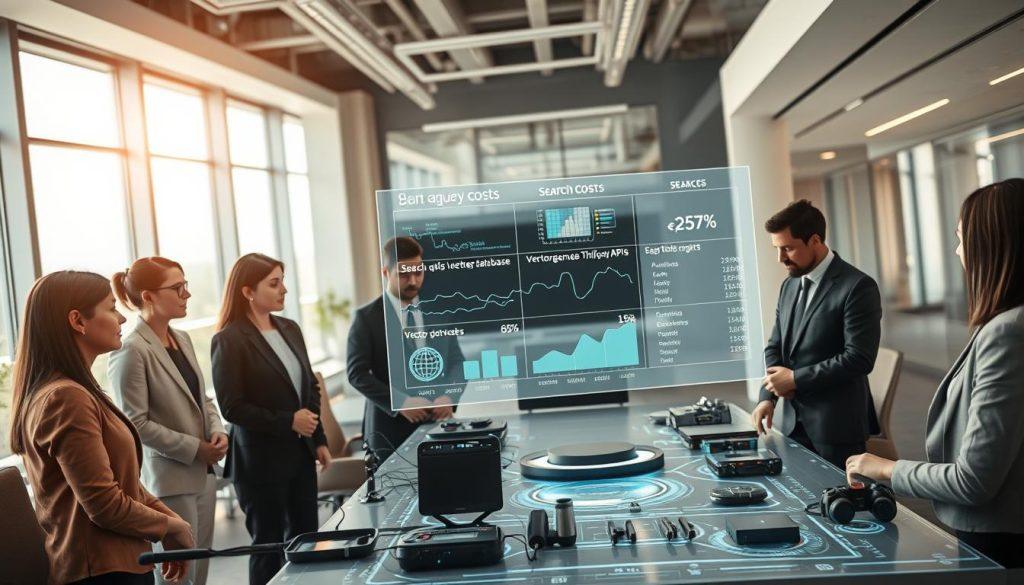 A professional office environment depicting the concept of "search query costs" related to AI agents. In the foreground, a diverse group of professionals in business attire is observing a digital interface displaying analytics and graphs about search, vector databases, and third-party APIs. In the middle, a futuristic table filled with advanced gadgets and a holographic display illustrating cost structures of various tools and services. The background features a sleek, modern workspace with large windows allowing natural light to flood in, enhancing a sense of productivity. The mood is analytical and focused, emphasizing collaboration and innovation, with soft lighting to create a warm atmosphere. Use a wide-angle lens to capture the depth of the scene. A professional office environment depicting the concept of "search query costs" related to AI agents. In the foreground, a diverse group of professionals in business attire is observing a digital interface displaying analytics and graphs about search, vector databases, and third-party APIs. In the middle, a futuristic table filled with advanced gadgets and a holographic display illustrating cost structures of various tools and services. The background features a sleek, modern workspace with large windows allowing natural light to flood in, enhancing a sense of productivity. The mood is analytical and focused, emphasizing collaboration and innovation, with soft lighting to create a warm atmosphere. Use a wide-angle lens to capture the depth of the scene.
