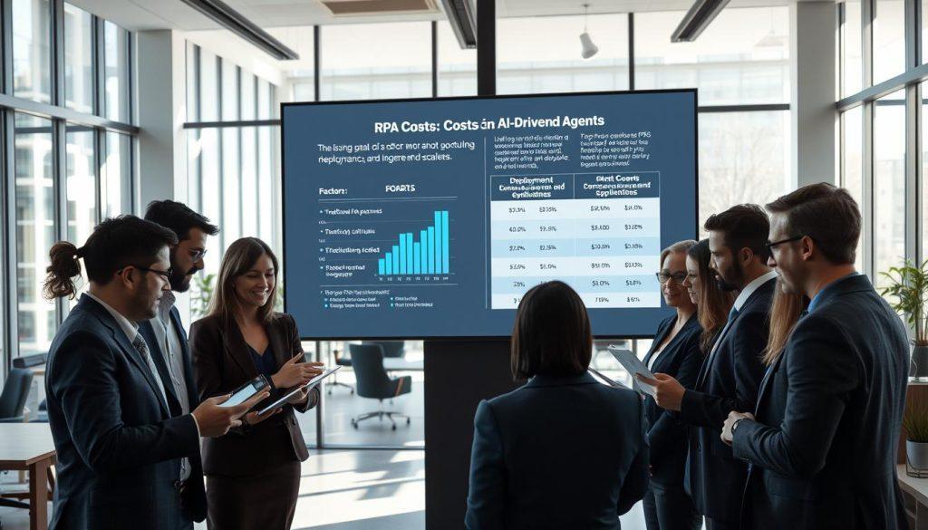 A professional office environment showcasing the concept of "RPA costs." In the foreground, a diverse team of business professionals in smart attire discusses data on a digital tablet, with graphs illustrating RPA implementation costs and benefits. In the middle, a large screen displays a detailed infographic comparing traditional RPA and AI-driven agents, highlighting factors like deployment, maintenance, and scalability costs. The background features a modern office space with large windows, allowing natural light to flood in, creating a bright atmosphere. Soft shadows cast by office furniture add depth. The mood is focused and analytical, conveying the seriousness of evaluating RPA efficiencies and expenses. A professional office environment showcasing the concept of "RPA costs." In the foreground, a diverse team of business professionals in smart attire discusses data on a digital tablet, with graphs illustrating RPA implementation costs and benefits. In the middle, a large screen displays a detailed infographic comparing traditional RPA and AI-driven agents, highlighting factors like deployment, maintenance, and scalability costs. The background features a modern office space with large windows, allowing natural light to flood in, creating a bright atmosphere. Soft shadows cast by office furniture add depth. The mood is focused and analytical, conveying the seriousness of evaluating RPA efficiencies and expenses.