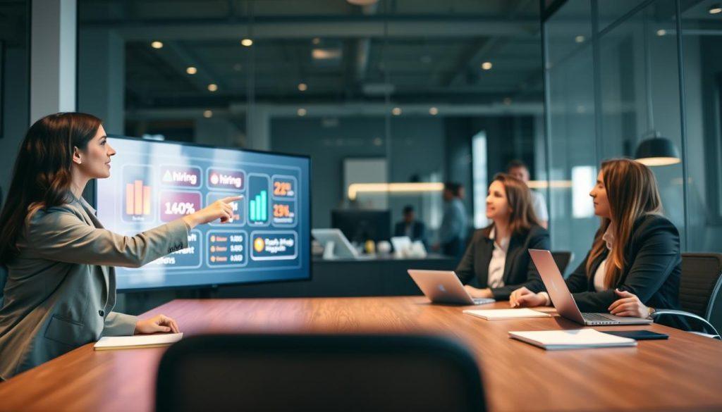 A professional office setting, featuring a diverse group of four business professionals engaged in a discussion around a conference table. In the foreground, a young woman in professional attire points to a large digital screen displaying vibrant, glowing icons representing recruitment signals like "hiring" and "team growth." The middle ground shows the engaged expressions of the team as they analyze the visuals, with notepads and laptops scattered around. In the background, soft ambient lighting casts a warm, inviting glow, enhancing the collaborative atmosphere. The lens captures a slight depth of field, blurring the background subtly to focus on the intense interaction, evoking a sense of urgency and opportunity in entrepreneurship. A professional office setting, featuring a diverse group of four business professionals engaged in a discussion around a conference table. In the foreground, a young woman in professional attire points to a large digital screen displaying vibrant, glowing icons representing recruitment signals like "hiring" and "team growth." The middle ground shows the engaged expressions of the team as they analyze the visuals, with notepads and laptops scattered around. In the background, soft ambient lighting casts a warm, inviting glow, enhancing the collaborative atmosphere. The lens captures a slight depth of field, blurring the background subtly to focus on the intense interaction, evoking a sense of urgency and opportunity in entrepreneurship.