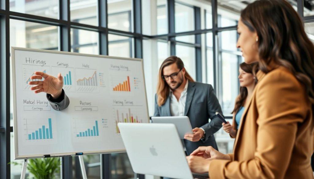 A professional office setting showcasing a diverse group of team members engaged in a discussion about hiring strategies. In the foreground, a confident businesswoman in professional attire gestures toward a whiteboard filled with charts and analysis indicators, symbolizing key metrics for evaluating hiring needs. In the middle ground, two colleagues, a man in a suit and a woman in business casual attire, focus intently on a laptop displaying graphs. The background features a modern office with large windows, allowing natural light to flood the space, creating an uplifting atmosphere. The overall mood is one of collaboration and strategic decision-making, emphasizing the importance of assessing when to hire staff in the entrepreneurial journey. A professional office setting showcasing a diverse group of team members engaged in a discussion about hiring strategies. In the foreground, a confident businesswoman in professional attire gestures toward a whiteboard filled with charts and analysis indicators, symbolizing key metrics for evaluating hiring needs. In the middle ground, two colleagues, a man in a suit and a woman in business casual attire, focus intently on a laptop displaying graphs. The background features a modern office with large windows, allowing natural light to flood the space, creating an uplifting atmosphere. The overall mood is one of collaboration and strategic decision-making, emphasizing the importance of assessing when to hire staff in the entrepreneurial journey.