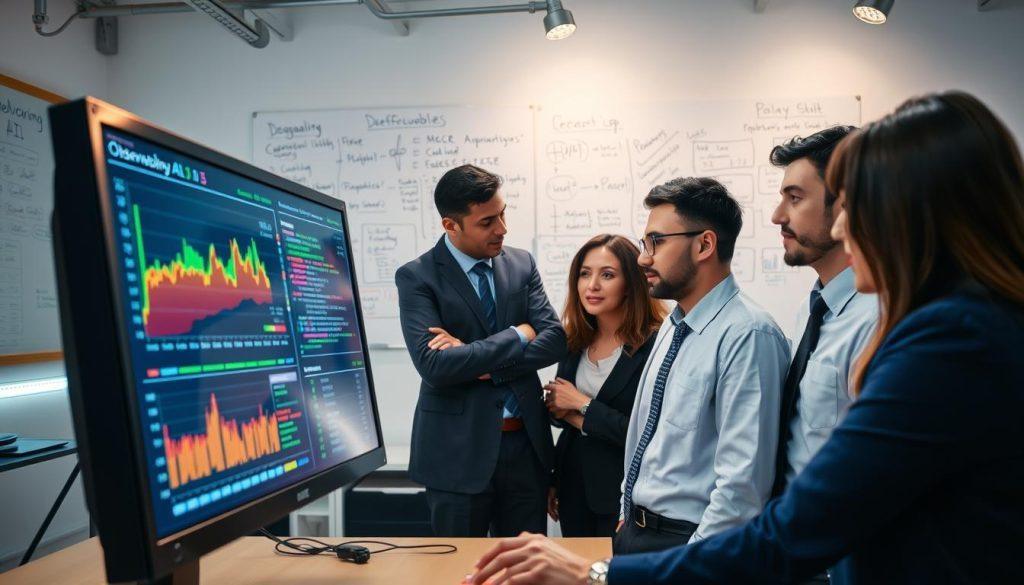 A professional setting illustrating the concept of observability in debugging. In the foreground, a sleek, modern computer monitor displays colorful graphs and logs of an AI system's performance metrics, symbolizing data analysis. In the middle ground, a diverse group of professionals, dressed in smart business attire, is engaged in a collaborative discussion, examining the data on the screen. Their expressions convey focus and determination. The background features a well-equipped tech workspace with whiteboards filled with brainstorming notes and flowcharts, highlighting problem-solving methods. The lighting is bright and dynamic, with a soft glow emanating from the monitor, creating an atmosphere of innovation and teamwork. The overall mood reflects a sense of clarity and purpose in tackling AI errors through observability techniques. A professional setting illustrating the concept of observability in debugging. In the foreground, a sleek, modern computer monitor displays colorful graphs and logs of an AI system's performance metrics, symbolizing data analysis. In the middle ground, a diverse group of professionals, dressed in smart business attire, is engaged in a collaborative discussion, examining the data on the screen. Their expressions convey focus and determination. The background features a well-equipped tech workspace with whiteboards filled with brainstorming notes and flowcharts, highlighting problem-solving methods. The lighting is bright and dynamic, with a soft glow emanating from the monitor, creating an atmosphere of innovation and teamwork. The overall mood reflects a sense of clarity and purpose in tackling AI errors through observability techniques.