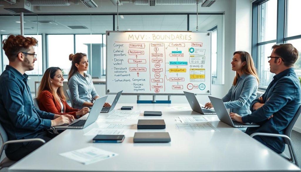 A professional workspace illustrating the concept of MVP (Minimum Viable Product) boundaries. In the foreground, a diverse group of four business professionals, dressed in smart casual attire, engage in a collaborative discussion around a sleek table covered with laptops and design sketches. In the middle ground, a large whiteboard displays flowcharts and diagrams that outline the elements of MVP, with keywords highlighted in vibrant colors. The background features a modern office with large windows, allowing natural light to illuminate the space, creating an inspiring atmosphere. The mood is focused and energetic, highlighting innovation and teamwork, while maintaining a clean, minimalist aesthetic that emphasizes clarity and practicality. A professional workspace illustrating the concept of MVP (Minimum Viable Product) boundaries. In the foreground, a diverse group of four business professionals, dressed in smart casual attire, engage in a collaborative discussion around a sleek table covered with laptops and design sketches. In the middle ground, a large whiteboard displays flowcharts and diagrams that outline the elements of MVP, with keywords highlighted in vibrant colors. The background features a modern office with large windows, allowing natural light to illuminate the space, creating an inspiring atmosphere. The mood is focused and energetic, highlighting innovation and teamwork, while maintaining a clean, minimalist aesthetic that emphasizes clarity and practicality.
