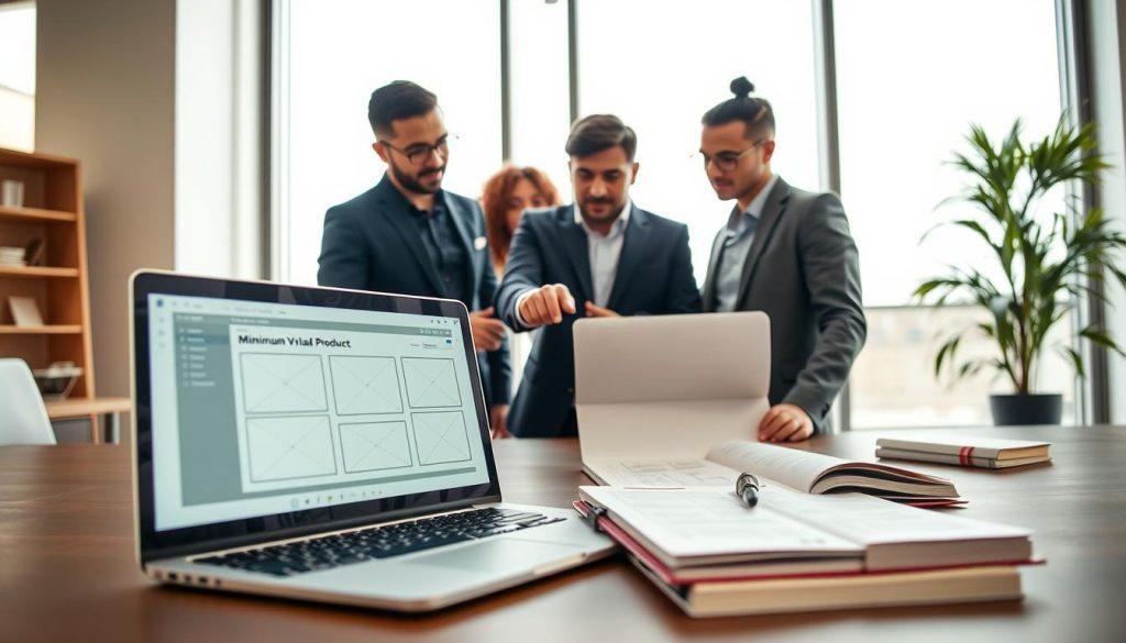 A professional workspace showcases a modern and minimalistic approach to a Minimum Viable Product (MVP). In the foreground, a sleek laptop is open, displaying a simple wireframe design for an app. Next to it, a notebook filled with sketches and business notes lays open. In the middle ground, a diverse group of three individuals in professional attire—two men and one woman—engage in a focused discussion over the laptop, pointing at the screen and exchanging ideas. The background features a bright, airy office space with large windows allowing soft natural light to flood in, illuminating the scene. The overall mood is collaborative and innovative, emphasizing the dynamic nature of testing business ideas. The angle captures the engaging interaction, highlighting expressions of curiosity and determination among the team members. A professional workspace showcases a modern and minimalistic approach to a Minimum Viable Product (MVP). In the foreground, a sleek laptop is open, displaying a simple wireframe design for an app. Next to it, a notebook filled with sketches and business notes lays open. In the middle ground, a diverse group of three individuals in professional attire—two men and one woman—engage in a focused discussion over the laptop, pointing at the screen and exchanging ideas. The background features a bright, airy office space with large windows allowing soft natural light to flood in, illuminating the scene. The overall mood is collaborative and innovative, emphasizing the dynamic nature of testing business ideas. The angle captures the engaging interaction, highlighting expressions of curiosity and determination among the team members.