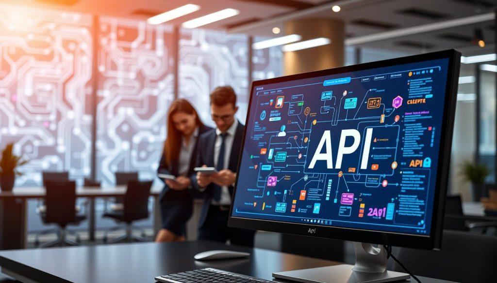 A sleek, modern digital workspace showcasing a visually engaging representation of "API integration." In the foreground, a stylish computer screen displays colorful, interconnected flowcharts and code snippets, symbolizing data exchange between various applications. The middle ground features a diverse group of professionals in business attire, actively collaborating over digital devices, discussing the importance of API connectivity in enhancing AI agents. The background consists of a futuristic office setting with abstract circuit patterns and glowing nodes, suggesting a network of connectivity. Soft, focused lighting highlights the interactions, while a slight depth of field draws attention to the vibrant interface and engaged expressions. The atmosphere exudes innovation, teamwork, and the urgency of overcoming barriers in technology. A sleek, modern digital workspace showcasing a visually engaging representation of "API integration." In the foreground, a stylish computer screen displays colorful, interconnected flowcharts and code snippets, symbolizing data exchange between various applications. The middle ground features a diverse group of professionals in business attire, actively collaborating over digital devices, discussing the importance of API connectivity in enhancing AI agents. The background consists of a futuristic office setting with abstract circuit patterns and glowing nodes, suggesting a network of connectivity. Soft, focused lighting highlights the interactions, while a slight depth of field draws attention to the vibrant interface and engaged expressions. The atmosphere exudes innovation, teamwork, and the urgency of overcoming barriers in technology.