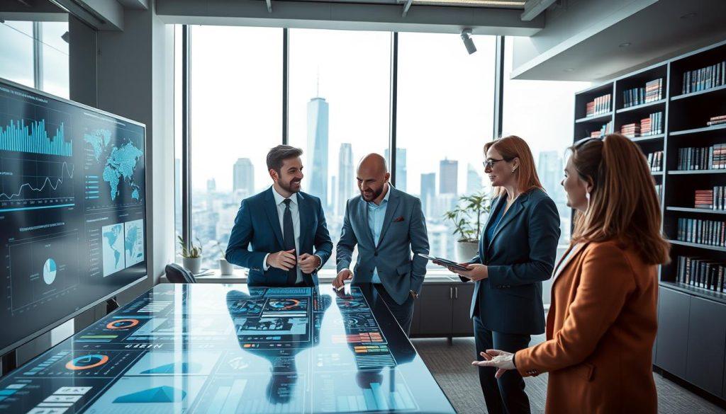 A sleek, modern office environment filled with interactive digital displays showcasing various data analytics and visualization tools. In the foreground, a diverse group of professionals—two men and a woman, all dressed in smart business attire—collaborate around a large touchscreen table filled with data charts, graphs, and maps. The middle ground features a large window with natural light pouring in, highlighting the city skyline outside, symbolizing innovation and growth. In the background, shelves filled with books on data strategy and governance add a scholarly touch. The overall atmosphere is vibrant and focused, conveying a sense of teamwork and strategic thinking in the realm of data management. Soft, ambient lighting complements the energetic mood, while a wide-angle perspective captures the breadth of the environment. A sleek, modern office environment filled with interactive digital displays showcasing various data analytics and visualization tools. In the foreground, a diverse group of professionals—two men and a woman, all dressed in smart business attire—collaborate around a large touchscreen table filled with data charts, graphs, and maps. The middle ground features a large window with natural light pouring in, highlighting the city skyline outside, symbolizing innovation and growth. In the background, shelves filled with books on data strategy and governance add a scholarly touch. The overall atmosphere is vibrant and focused, conveying a sense of teamwork and strategic thinking in the realm of data management. Soft, ambient lighting complements the energetic mood, while a wide-angle perspective captures the breadth of the environment.