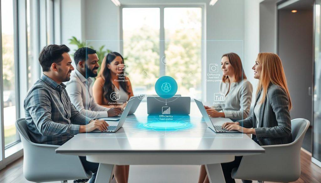 A small modern office space with a sleek desk in the foreground, where a diverse group of professionals—two men and two women—are engaged in a discussion about AI agents. They are dressed in smart casual clothing, with laptops and digital devices on the table, showcasing their tech-savvy approach. In the middle, an interactive holographic display projected from a central device illustrates various applications of AI agents tailored for small businesses, with vibrant icons and graphs highlighting efficiency and collaboration. In the background, large windows let in natural light, creating a warm and inviting atmosphere. The mood is energetic and forward-thinking, emphasizing innovation and teamwork in a bright, airy environment. The overall color palette blends soft blues and greens, enhancing the sense of professionalism and optimism about AI's potential for small enterprises. A small modern office space with a sleek desk in the foreground, where a diverse group of professionals—two men and two women—are engaged in a discussion about AI agents. They are dressed in smart casual clothing, with laptops and digital devices on the table, showcasing their tech-savvy approach. In the middle, an interactive holographic display projected from a central device illustrates various applications of AI agents tailored for small businesses, with vibrant icons and graphs highlighting efficiency and collaboration. In the background, large windows let in natural light, creating a warm and inviting atmosphere. The mood is energetic and forward-thinking, emphasizing innovation and teamwork in a bright, airy environment. The overall color palette blends soft blues and greens, enhancing the sense of professionalism and optimism about AI's potential for small enterprises.