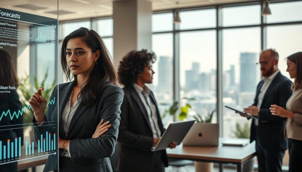A sophisticated office setting focused on finance and operations, featuring a diverse team of professionals in business attire engaged in collaboration. In the foreground, a confident woman analyzing data on a transparent digital display, with financial graphs and AI-generated forecasts glowing. The middle ground shows a male colleague discussing strategies, displaying charts on a sleek laptop. In the background, a modern office environment with large windows revealing a city skyline, filled with greenery for a refreshing look. Soft, natural lighting enhances the ambiance, and a warm color palette creates a sense of productivity and innovation. The atmosphere is dynamic and inspiring, capturing the essence of AI's impact on cash flow and financial reporting. A sophisticated office setting focused on finance and operations, featuring a diverse team of professionals in business attire engaged in collaboration. In the foreground, a confident woman analyzing data on a transparent digital display, with financial graphs and AI-generated forecasts glowing. The middle ground shows a male colleague discussing strategies, displaying charts on a sleek laptop. In the background, a modern office environment with large windows revealing a city skyline, filled with greenery for a refreshing look. Soft, natural lighting enhances the ambiance, and a warm color palette creates a sense of productivity and innovation. The atmosphere is dynamic and inspiring, capturing the essence of AI's impact on cash flow and financial reporting.