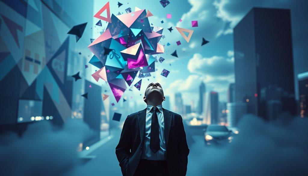 A surreal depiction of "Hallucination," featuring a human figure dressed in professional business attire, standing in a dreamlike environment. In the foreground, the figure gazes up, with distorted geometric shapes and vivid colors swirling around them, symbolizing confusion and illusion. The middle ground showcases a blend of abstract patterns and blurred reflections in glass surfaces, enhancing the sense of disorientation. The background features a soft-focus cityscape merging with ethereal elements, such as floating wisps of light and clouds. The lighting is moody and soft, casting gentle shadows, with an emphasis on cool blue and purple tones. The overall atmosphere conveys a haunting sense of wonder and uncertainty, embodying the concept of reasoning errors in artificial intelligence. A surreal depiction of "Hallucination," featuring a human figure dressed in professional business attire, standing in a dreamlike environment. In the foreground, the figure gazes up, with distorted geometric shapes and vivid colors swirling around them, symbolizing confusion and illusion. The middle ground showcases a blend of abstract patterns and blurred reflections in glass surfaces, enhancing the sense of disorientation. The background features a soft-focus cityscape merging with ethereal elements, such as floating wisps of light and clouds. The lighting is moody and soft, casting gentle shadows, with an emphasis on cool blue and purple tones. The overall atmosphere conveys a haunting sense of wonder and uncertainty, embodying the concept of reasoning errors in artificial intelligence.