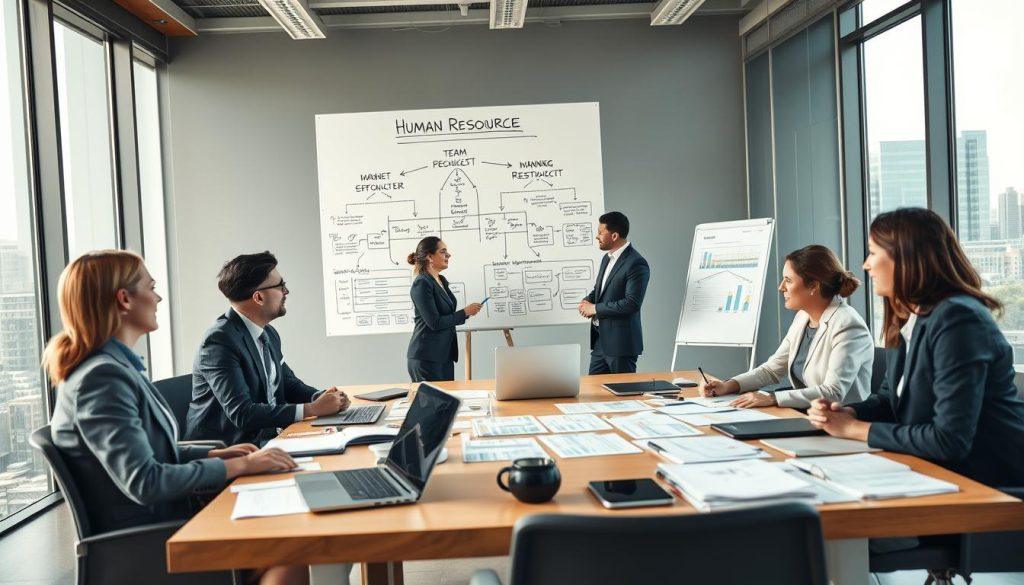 A thoughtful depiction of human resource planning, showcasing a modern office environment. In the foreground, a diverse group of professionals in business attire is gathered around a large table filled with documents, laptops, and charts, engaged in a lively discussion about team organization. The middle ground features a whiteboard filled with brainstorming ideas and diagrams about workforce structure, highlighting strategic planning. In the background, large windows let in soft natural light, illuminating a city skyline, creating an atmosphere of ambition and growth. The composition should convey a sense of collaboration and innovation, capturing the essence of thoughtful workforce allocation during a startup's crucial first year. Use a wide-angle lens to emphasize both the group dynamics and the expansive office space. A thoughtful depiction of human resource planning, showcasing a modern office environment. In the foreground, a diverse group of professionals in business attire is gathered around a large table filled with documents, laptops, and charts, engaged in a lively discussion about team organization. The middle ground features a whiteboard filled with brainstorming ideas and diagrams about workforce structure, highlighting strategic planning. In the background, large windows let in soft natural light, illuminating a city skyline, creating an atmosphere of ambition and growth. The composition should convey a sense of collaboration and innovation, capturing the essence of thoughtful workforce allocation during a startup's crucial first year. Use a wide-angle lens to emphasize both the group dynamics and the expansive office space.