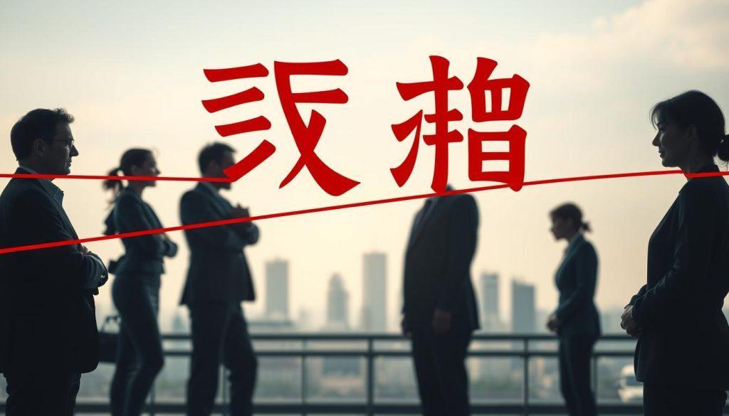 A thoughtful representation of "治理紅線" as a symbolic boundary delineating issues of ethics and governance. In the foreground, a bold red line stretches across the scene, vividly depicting the concept of ethical limits. In the middle ground, silhouettes of diverse professional figures in business attire engage in discussion, their expressions conveying concern and contemplation, embodying the struggle against bias, discrimination, and undue influence. The background features a softly blurred cityscape, symbolizing the societal context in which these discussions unfold. The scene is illuminated by soft, diffused lighting, creating an atmosphere of reflection and seriousness. Capture this scene from a slightly elevated angle to emphasize the division represented by the red line, inviting viewers to reflect on moral responsibility in decision-making. A thoughtful representation of "治理紅線" as a symbolic boundary delineating issues of ethics and governance. In the foreground, a bold red line stretches across the scene, vividly depicting the concept of ethical limits. In the middle ground, silhouettes of diverse professional figures in business attire engage in discussion, their expressions conveying concern and contemplation, embodying the struggle against bias, discrimination, and undue influence. The background features a softly blurred cityscape, symbolizing the societal context in which these discussions unfold. The scene is illuminated by soft, diffused lighting, creating an atmosphere of reflection and seriousness. Capture this scene from a slightly elevated angle to emphasize the division represented by the red line, inviting viewers to reflect on moral responsibility in decision-making.
