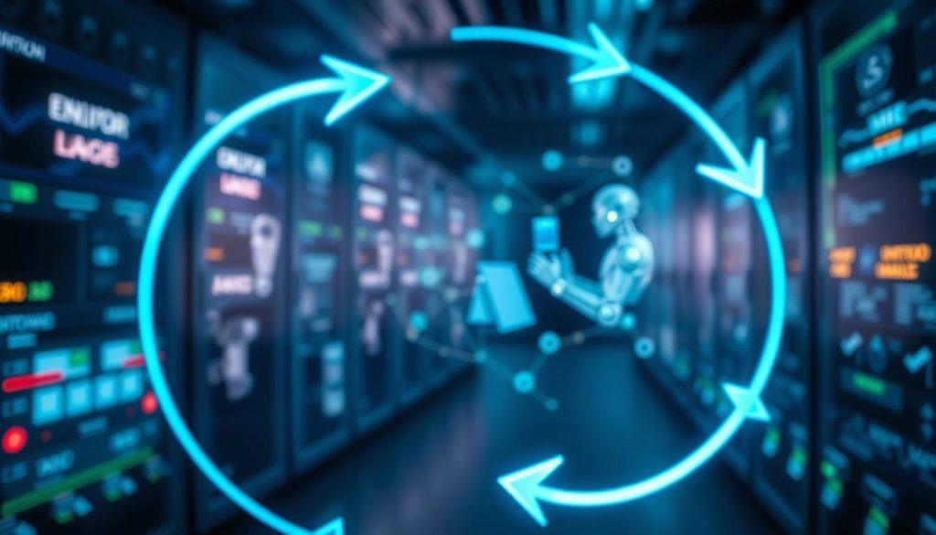 A visually engaging depiction of a "decision-making loop" in an abstract and modern style. In the foreground, showcase a circular flowchart with interconnected arrows representing decision points and actions, glowing softly with neon blue and green accents. In the middle ground, illustrate abstract representations of AI agents, such as robotic or digital elements, interacting with the flowchart, with gleaming interfaces and data points coming together. The background should convey a high-tech environment, with blurred servers and digital screens emitting a subtle light, enhancing the futuristic atmosphere. Utilize soft, diffused lighting to create a sense of depth, and use a wide-angle perspective to emphasize the loop's complexity and interactivity. The overall mood should be dynamic and thought-provoking, representing the intricate logic behind AI decision-making. A visually engaging depiction of a "decision-making loop" in an abstract and modern style. In the foreground, showcase a circular flowchart with interconnected arrows representing decision points and actions, glowing softly with neon blue and green accents. In the middle ground, illustrate abstract representations of AI agents, such as robotic or digital elements, interacting with the flowchart, with gleaming interfaces and data points coming together. The background should convey a high-tech environment, with blurred servers and digital screens emitting a subtle light, enhancing the futuristic atmosphere. Utilize soft, diffused lighting to create a sense of depth, and use a wide-angle perspective to emphasize the loop's complexity and interactivity. The overall mood should be dynamic and thought-provoking, representing the intricate logic behind AI decision-making.