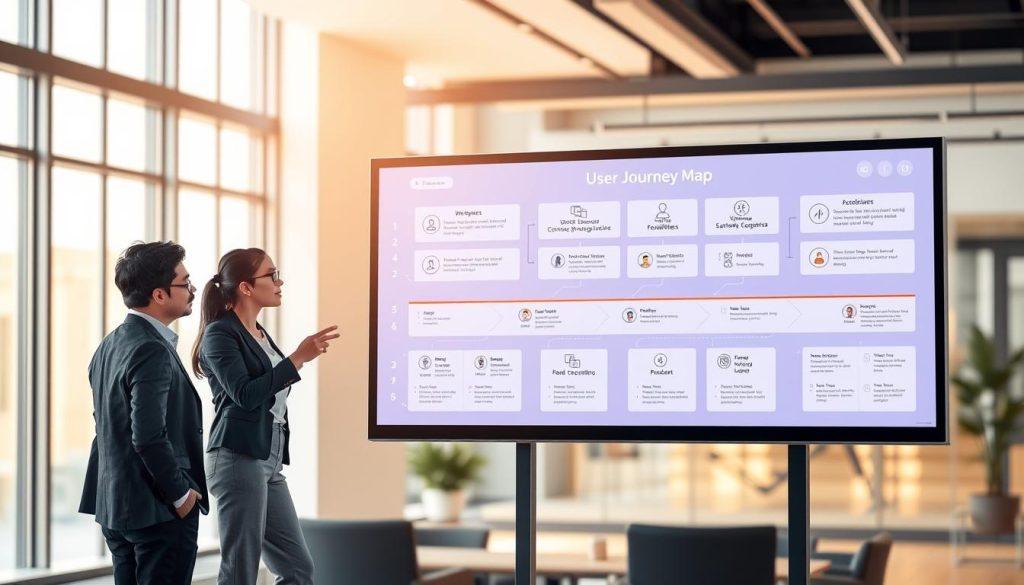 A visually engaging illustration of a user journey map, featuring a professional business environment. In the foreground, a diverse group of three individuals in business attire collaborate over a large digital screen displaying the user journey, with highlighted stages and touchpoints. The middle layer features abstract icons representing various user interactions, such as website visits, feedback sessions, and product usage. In the background, a modern office space with large windows letting in natural light creates an open, inviting atmosphere. Soft, warm lighting enhances the calm and focused mood of collaboration. The composition balances technical elements with a human touch, emphasizing the journey from user insights to MVP specifications. A visually engaging illustration of a user journey map, featuring a professional business environment. In the foreground, a diverse group of three individuals in business attire collaborate over a large digital screen displaying the user journey, with highlighted stages and touchpoints. The middle layer features abstract icons representing various user interactions, such as website visits, feedback sessions, and product usage. In the background, a modern office space with large windows letting in natural light creates an open, inviting atmosphere. Soft, warm lighting enhances the calm and focused mood of collaboration. The composition balances technical elements with a human touch, emphasizing the journey from user insights to MVP specifications.