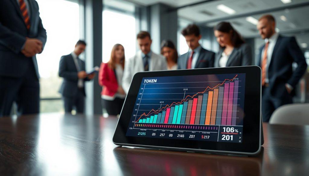 A visually engaging representation of "Token 成本估算" in a professional business setting. In the foreground, a sleek digital tablet displaying a vibrant graph illustrating escalating token costs, with upward trends and colorful data points. In the middle ground, a group of diverse business professionals, dressed in formal business attire, are analyzing the tablet together, showcasing teamwork and collaboration. The background features a modern office environment with large windows letting in soft natural light. The mood is focused yet dynamic, reflecting a sense of urgency and importance. The scene is captured with a slight depth-of-field effect, emphasizing the tablet and the professionals while softly blurring the background, creating a polished and sophisticated atmosphere. A visually engaging representation of "Token 成本估算" in a professional business setting. In the foreground, a sleek digital tablet displaying a vibrant graph illustrating escalating token costs, with upward trends and colorful data points. In the middle ground, a group of diverse business professionals, dressed in formal business attire, are analyzing the tablet together, showcasing teamwork and collaboration. The background features a modern office environment with large windows letting in soft natural light. The mood is focused yet dynamic, reflecting a sense of urgency and importance. The scene is captured with a slight depth-of-field effect, emphasizing the tablet and the professionals while softly blurring the background, creating a polished and sophisticated atmosphere.