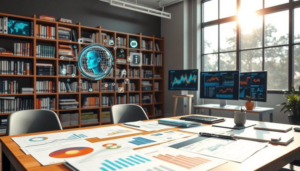 A visually engaging workspace illustrating data quality and knowledge management. In the foreground, a well-organized desk is laid out with colorful charts, graphs, and documents depicting data analysis. An AI virtual assistant is represented as a holographic interface above the desk, displaying helpful information and insights. In the middle ground, shelves filled with books and digital screens showcasing data through engaging visualizations symbolize the importance of accurate knowledge. The background features a large window with sunlight streaming in, casting a warm glow over the scene, which creates a mood of productivity and innovation. The image captures a professional atmosphere without any human subjects, focusing solely on the landscape of data and knowledge. A visually engaging workspace illustrating data quality and knowledge management. In the foreground, a well-organized desk is laid out with colorful charts, graphs, and documents depicting data analysis. An AI virtual assistant is represented as a holographic interface above the desk, displaying helpful information and insights. In the middle ground, shelves filled with books and digital screens showcasing data through engaging visualizations symbolize the importance of accurate knowledge. The background features a large window with sunlight streaming in, casting a warm glow over the scene, which creates a mood of productivity and innovation. The image captures a professional atmosphere without any human subjects, focusing solely on the landscape of data and knowledge.