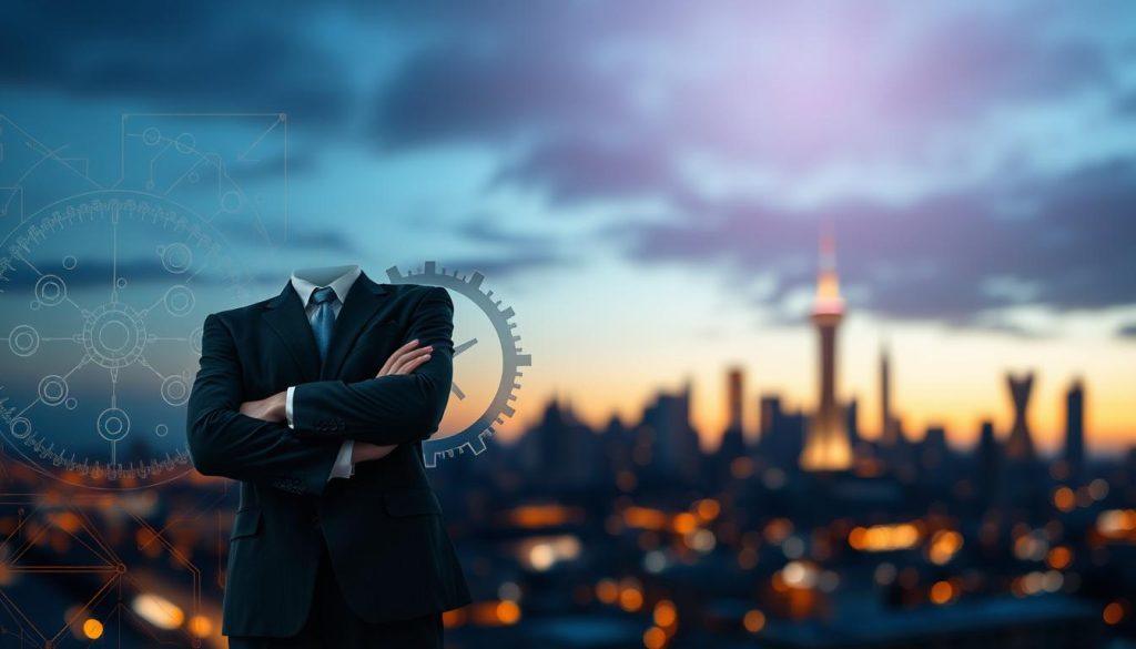 A visually striking composition depicting the concept of "control" in an abstract manner. In the foreground, a poised, professional individual in business attire stands confidently, arms crossed, embodying authority. The middle ground captures a mix of delicate gears and circuit patterns, symbolizing decision-making mechanisms, creating a sense of complexity and interconnectedness. In the background, a blurred urban skyline at dusk with soft, ambient lighting casts an air of responsibility and foresight. The scene is illuminated by gentle, diffused light, enhancing the contemplative mood. The color palette consists of deep blues and warm golds, suggesting a blend of technology and humanity, underscoring the nuances of accountability in decision-making. A visually striking composition depicting the concept of "control" in an abstract manner. In the foreground, a poised, professional individual in business attire stands confidently, arms crossed, embodying authority. The middle ground captures a mix of delicate gears and circuit patterns, symbolizing decision-making mechanisms, creating a sense of complexity and interconnectedness. In the background, a blurred urban skyline at dusk with soft, ambient lighting casts an air of responsibility and foresight. The scene is illuminated by gentle, diffused light, enhancing the contemplative mood. The color palette consists of deep blues and warm golds, suggesting a blend of technology and humanity, underscoring the nuances of accountability in decision-making.