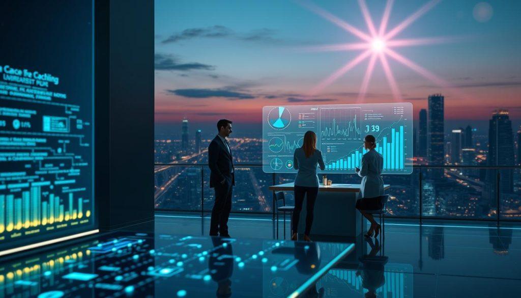 A visually striking representation of a "cache strategy" in a modern digital landscape. In the foreground, a sleek, high-tech interface displays data flows and algorithms, glowing softly with blue and green lights. In the middle, a diverse team of professionals in business attire collaborates around a digital table, examining large holographic charts and graphs illustrating real-time data updates. The background features a futuristic cityscape bathed in twilight, symbolizing the connection between AI agents and the real world. Soft ambient lighting enhances the technological atmosphere, while a lens flare adds a dynamic touch, suggesting high-energy innovation and progress. The overall mood is one of collaboration, efficiency, and modernity, highlighting the importance of data sources and knowledge updates for AI agents. A visually striking representation of a "cache strategy" in a modern digital landscape. In the foreground, a sleek, high-tech interface displays data flows and algorithms, glowing softly with blue and green lights. In the middle, a diverse team of professionals in business attire collaborates around a digital table, examining large holographic charts and graphs illustrating real-time data updates. The background features a futuristic cityscape bathed in twilight, symbolizing the connection between AI agents and the real world. Soft ambient lighting enhances the technological atmosphere, while a lens flare adds a dynamic touch, suggesting high-energy innovation and progress. The overall mood is one of collaboration, efficiency, and modernity, highlighting the importance of data sources and knowledge updates for AI agents.