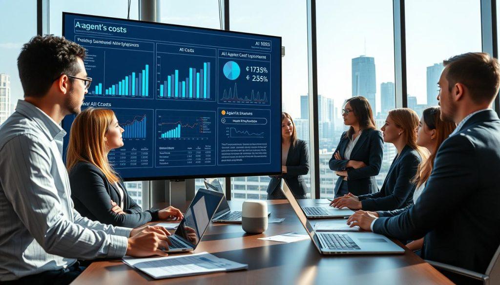 A visually striking representation of an AI agent's cost structure, set in a modern office environment. In the foreground, depict a diverse team of professionals analyzing data on a large digital screen displaying graphs and charts related to AI costs. Ensure the individuals are dressed in professional business attire, focused and engaged in discussion. In the middle ground, include elements like laptops, documents, and a smart assistant device, symbolizing the integration of technology. The background should feature large windows with a city skyline, bathed in natural daylight, creating a bright and optimistic atmosphere. Use a wide-angle perspective to capture the collaborative essence, emphasizing clarity and professionalism throughout the scene. A visually striking representation of an AI agent's cost structure, set in a modern office environment. In the foreground, depict a diverse team of professionals analyzing data on a large digital screen displaying graphs and charts related to AI costs. Ensure the individuals are dressed in professional business attire, focused and engaged in discussion. In the middle ground, include elements like laptops, documents, and a smart assistant device, symbolizing the integration of technology. The background should feature large windows with a city skyline, bathed in natural daylight, creating a bright and optimistic atmosphere. Use a wide-angle perspective to capture the collaborative essence, emphasizing clarity and professionalism throughout the scene.
